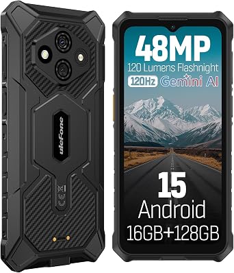 Ulefone RugKing 3 Pro Rugged Phone Unlocked, Octa-core 16GB+128GB/2TB, Android 15, 6.56" 120Hz, 48MP+2MP+8MP, 5600mAh, IP69K & IP68 Proof, Water-Lock, Dock Charging, Al AssistantGemini, Black