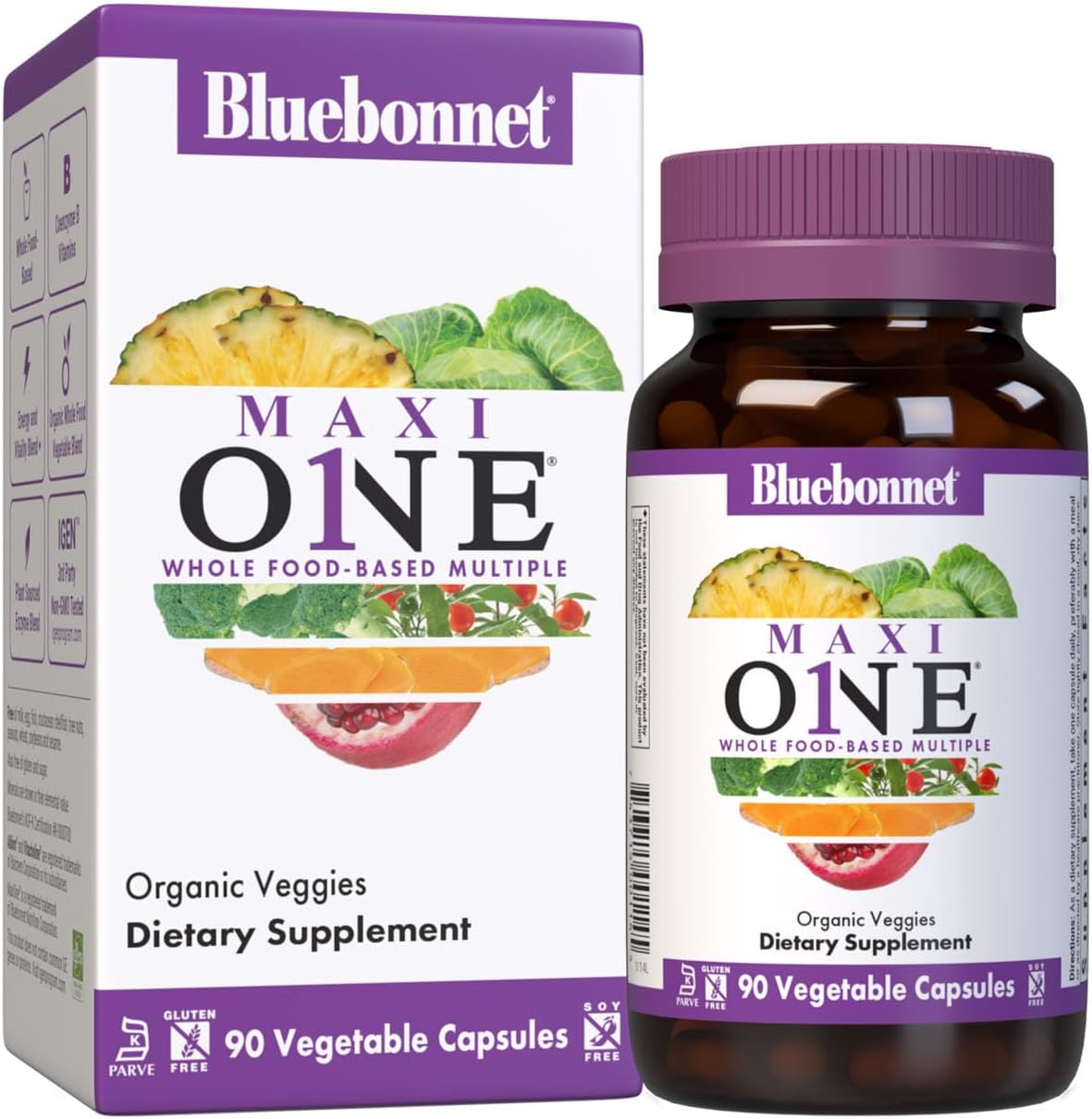 Bluebonnet Nutrition Maxi One (with Iron), Whole Food Multiple, Enzymes, Energy, Vitality, Gluten-Free, Kosher, Dairy-Free, Vegetarian Friendly, Soy-Free, Non-GMO, 90 Vegetable Capsule, 3 Month Supply, Beige