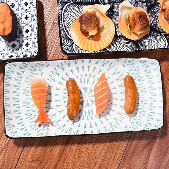 Japanese Ceramic Sushi Plate Set of 4, 9.7 Rectangular Serving Platters with Traditional Asanoha & Mandala Patterns, Microwave & Dishwasher Safe Porcelain Dishes for Sashimi, Gyoza & Snacks