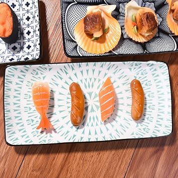Japanese Ceramic Sushi Plate Set of 4, 9.7 Rectangular Serving Platters with Traditional Asanoha & Mandala Patterns, Microwave & Dishwasher Safe Porcelain Dishes for Sashimi, Gyoza & Snacks