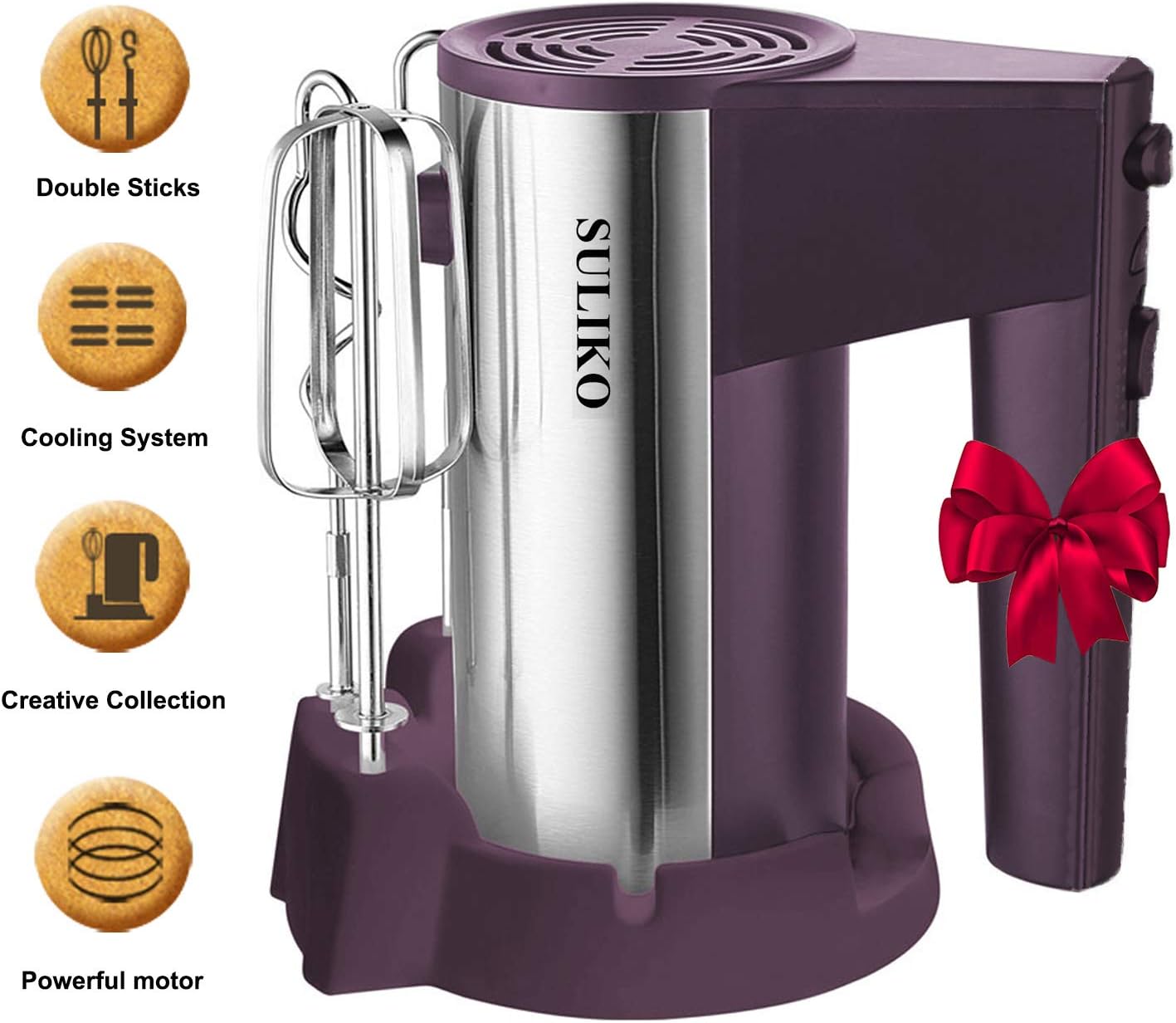 Electric Hand Mixer, Suliko Stainless Steel Mixer Electric 200W 5 Different Speed Settings and Turbo Button with Sturdy Beaters and Dough Hooks (Purple)