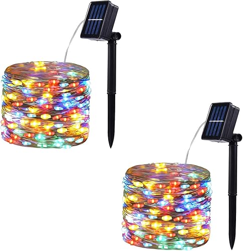Paquete de 2 tiras de 200 luces LED con energía solar, alambre de cobre impermeable para exteriores, 8 modos, luces de hadas para jardín, patio,