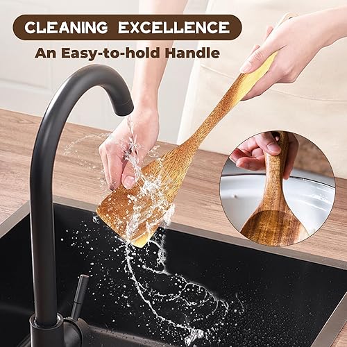 Miniatura 8 de Cucharas de madera para cocinar, juego de 9 utensilios de cocina de acacia natural, asas largas, resistentes al calor, utensilios de cocina de