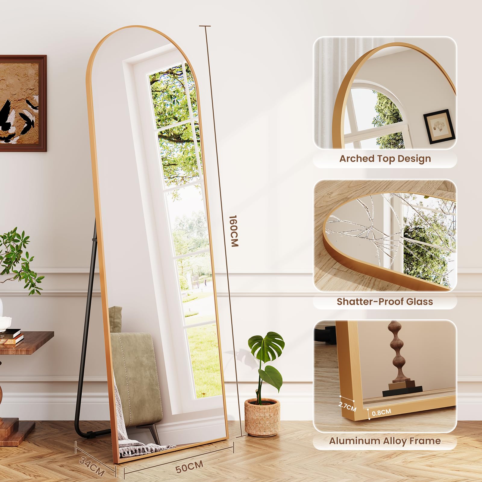Dripex Ganzkörperspiegel, 160 x 50 cm Standspiegel, Wandspiegel Bogenspiegel mit Ständer, robuster Aluminiumrahmen, großer Ankleidespiegel für Schlafzimmer, Wohnzimmer, Gold