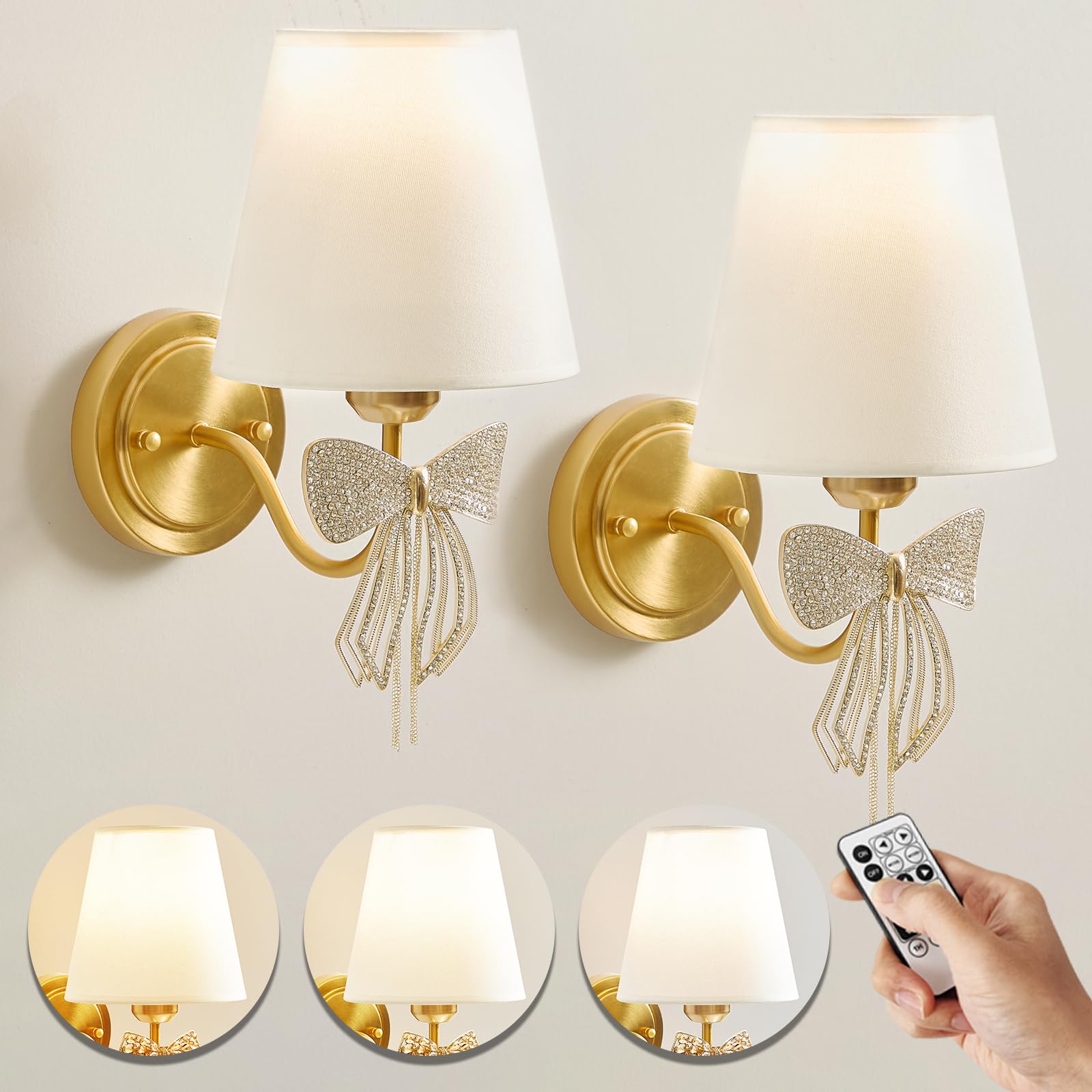 Mesuz Battery Operated Wall Sconces Lights Set of 2 Remote Control, Bow Sconces Rechargeable Battery Powered Bow Lamps Dimmable LED 2700K-6000K 16