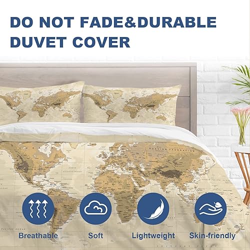 Miniatura 2 de Batmerry Juego de funda de edredón de 3 piezas con diseño de mapa vintage, suave, esponjoso, Canadá, mapa del mundo físico, océano, mediterráneo,