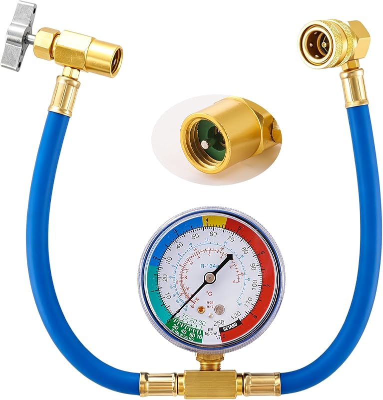 Mangueira de recarga de ar-condicionado R134A Otolyle com manômetro e abridor de lata autovedante – 48 cm