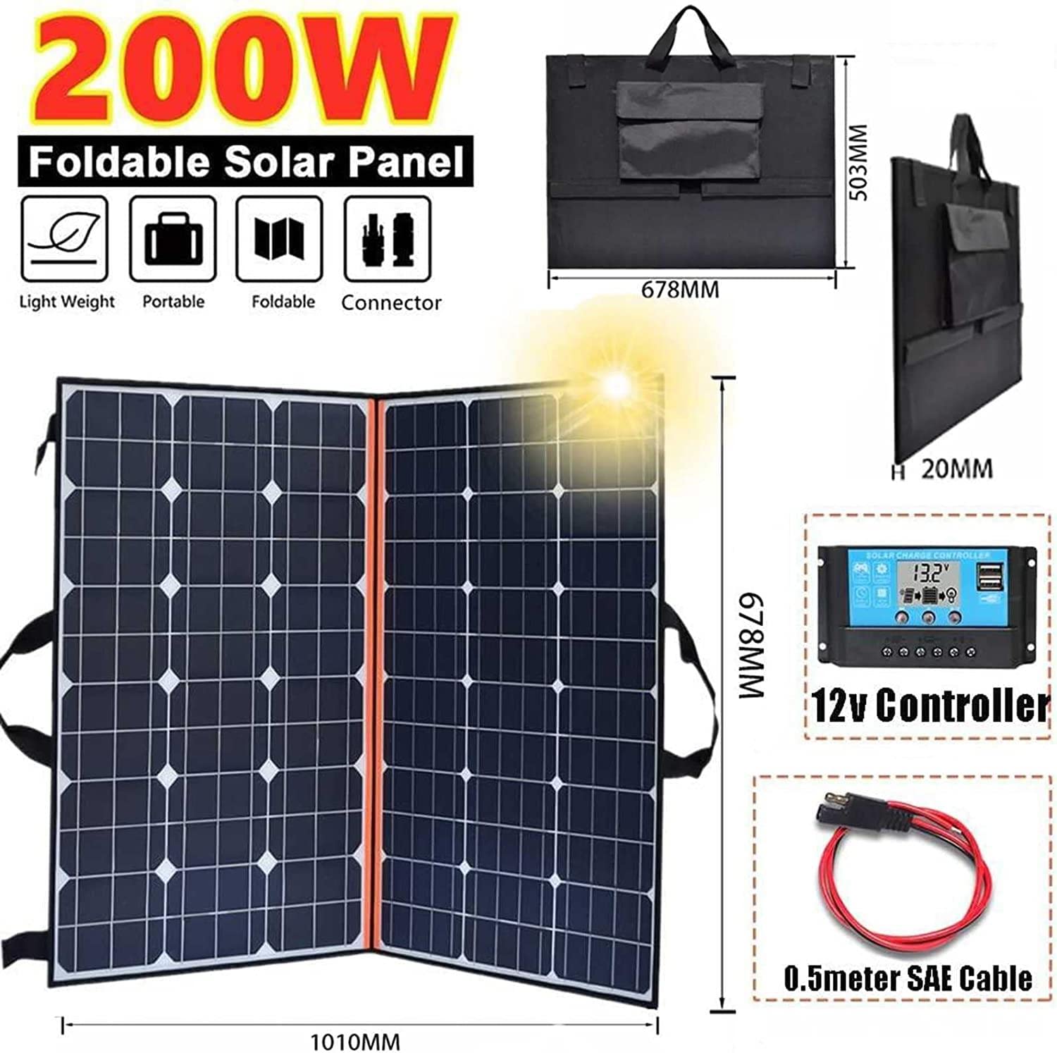 Pieghevole Pannelli solari da 200W, Kit modulo Pannelli solari Flessibili, caricabatteria Solare monocristallino con Controller per Camper Domestico,60Acontroller