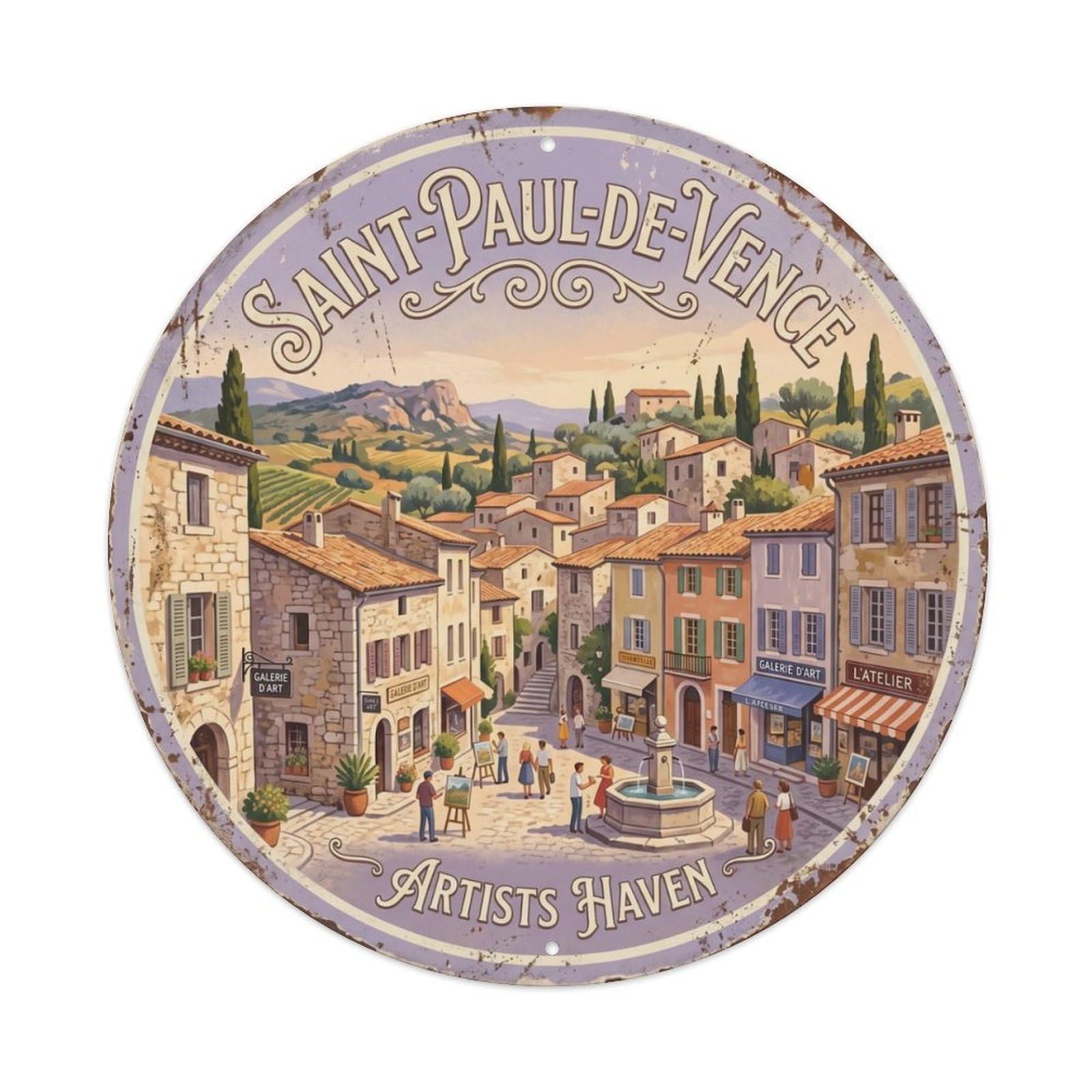 Vintage Travel Vence Artistic Hilltop Metal Tin Sign Plaque Wall Decor for Cafe, Club Bar, Office, Home Garden Round Metal Poster 8x8Inch