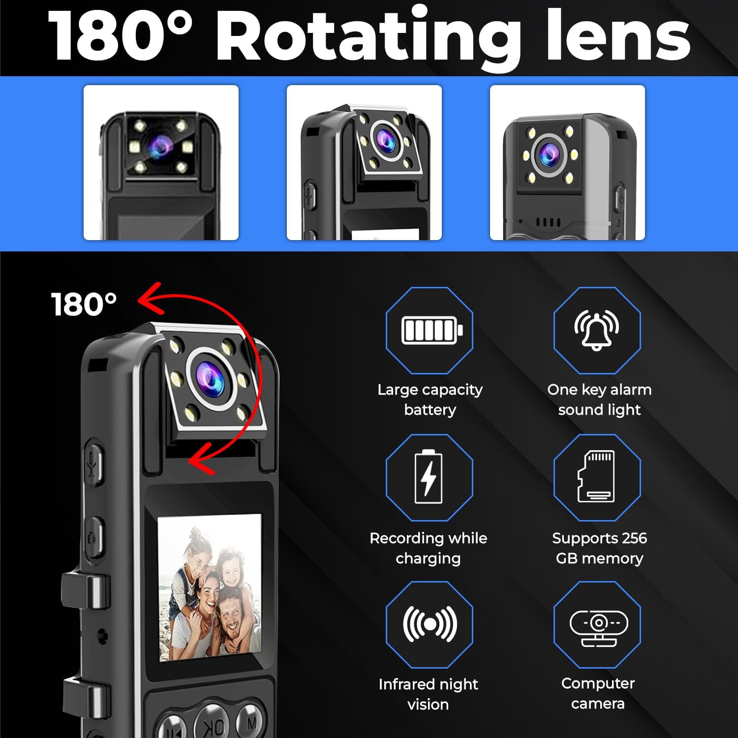 1080P Body Camera with Audio and Video Recording, 180 Rotating Lens, 6 Hr Battery, IR Cut Auto Night Vision, 64GB Memory - Perfect for Security, Personal Use, and Law Enforcement