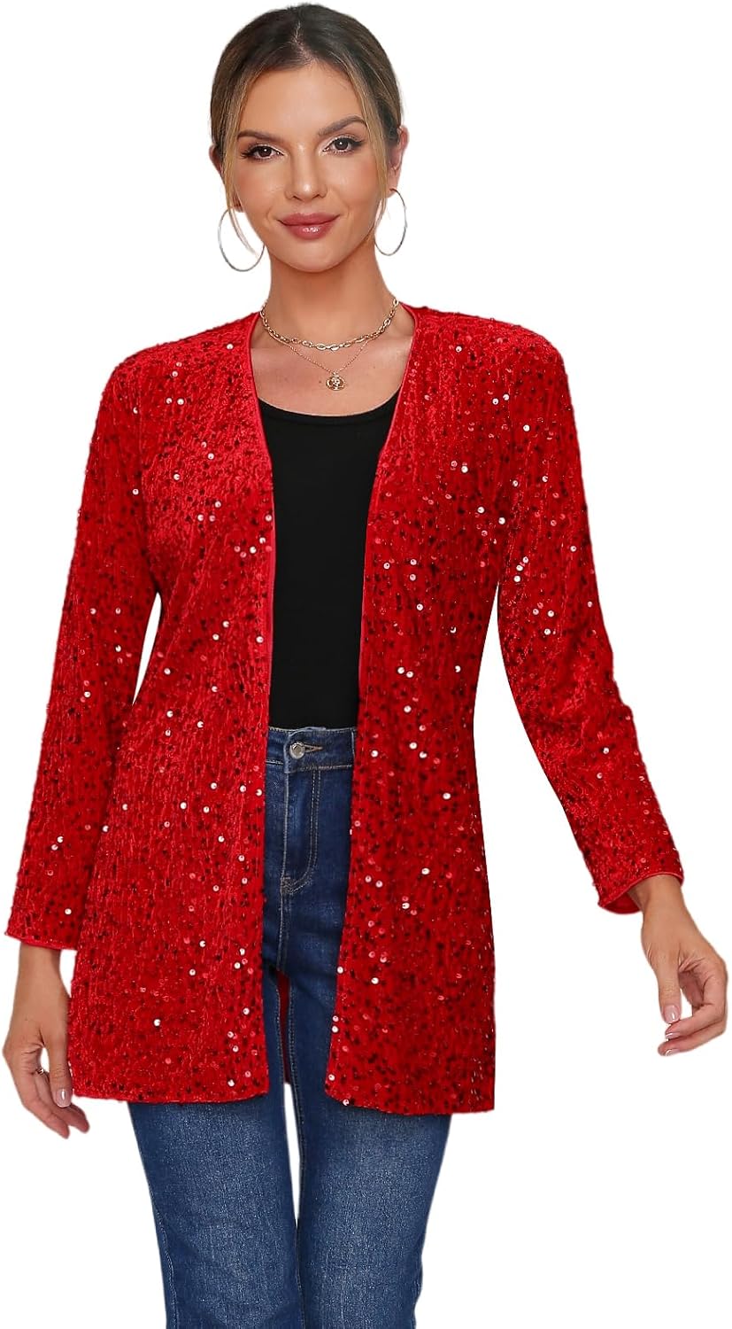 Women's Sequin Jacket Sparkly Blazer Open Front Glitter Cardigan Long Sleeve Coat for Casual Party Cocktail