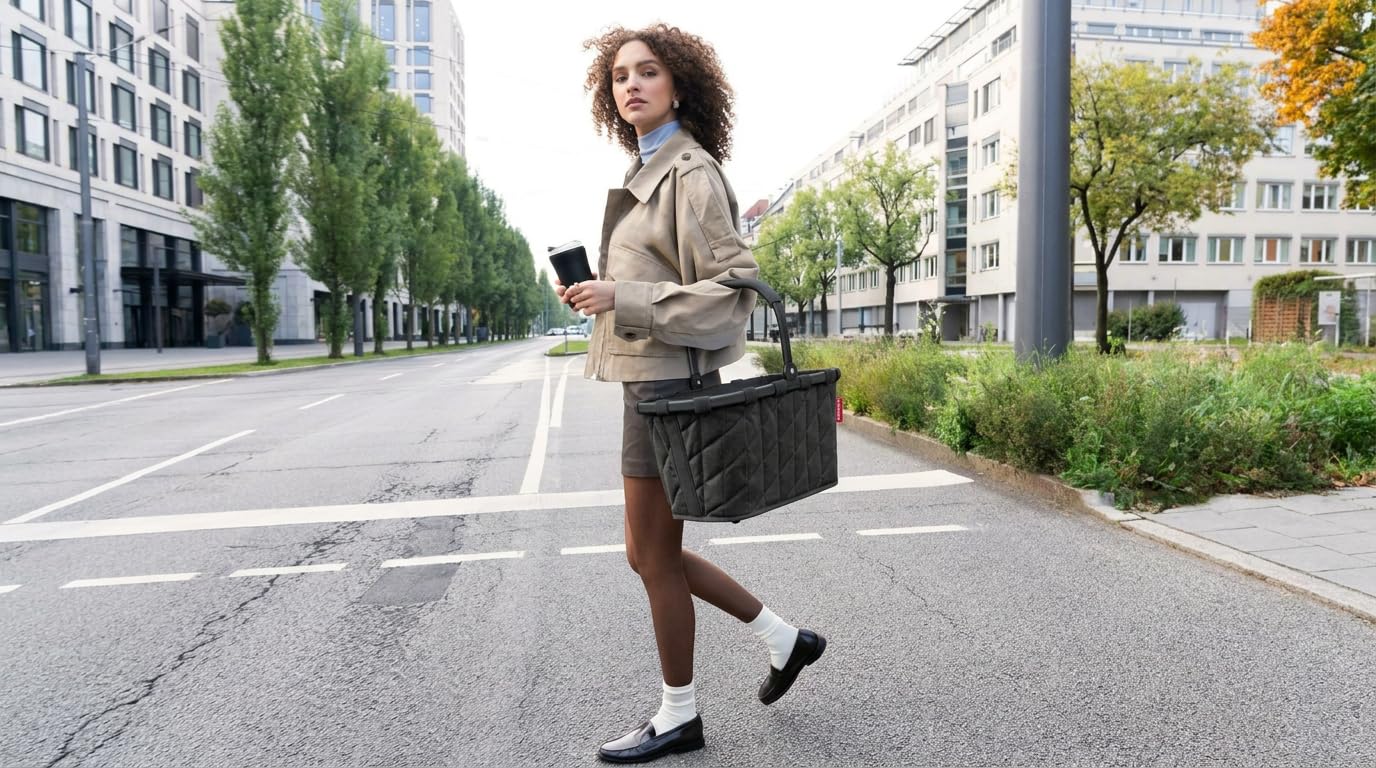 reisenthel Carrybag Frame Rhombus Black - Cesta de la compra estable con mucho espacio de almacenamiento y práctico bolsillo interior, diseño elegante e impermeable