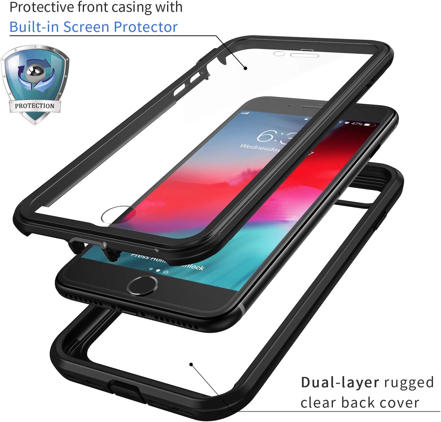 seacosmo iPhone SE 2020 Case/iPhone 7 Case/iPhone 8 Case, Dual Layer Clear Case with Built-in Screen Protector, Full-Body Protective Bumper Case for iPhone 8/7/ SE 2020 -Clear/Black