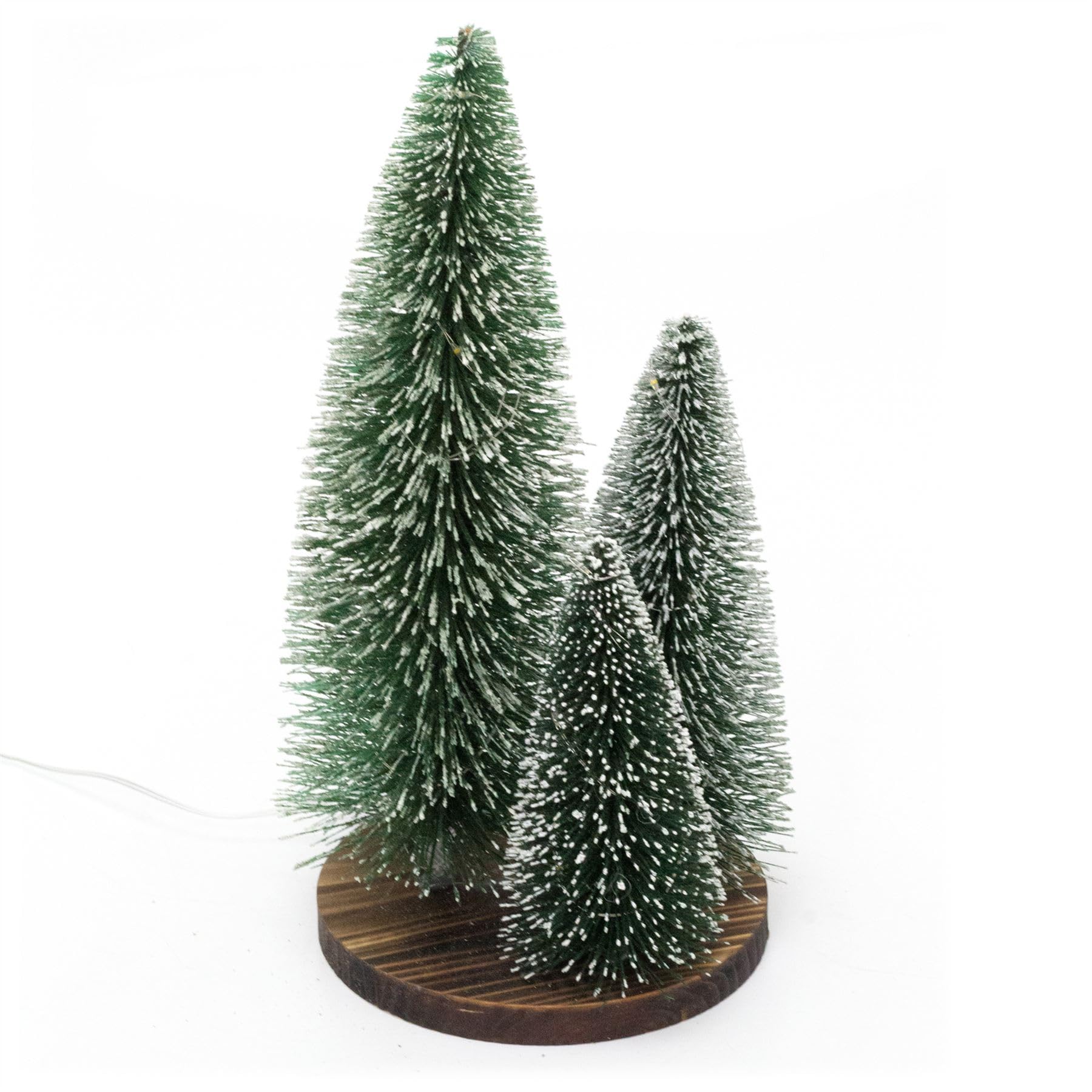Carousel Home LED Bottle Brush Christmas Trees on Wooden Base | Light-up Festive Snow-flocked Bottle Brush Trees | LED Snowy Green Christmas Trees