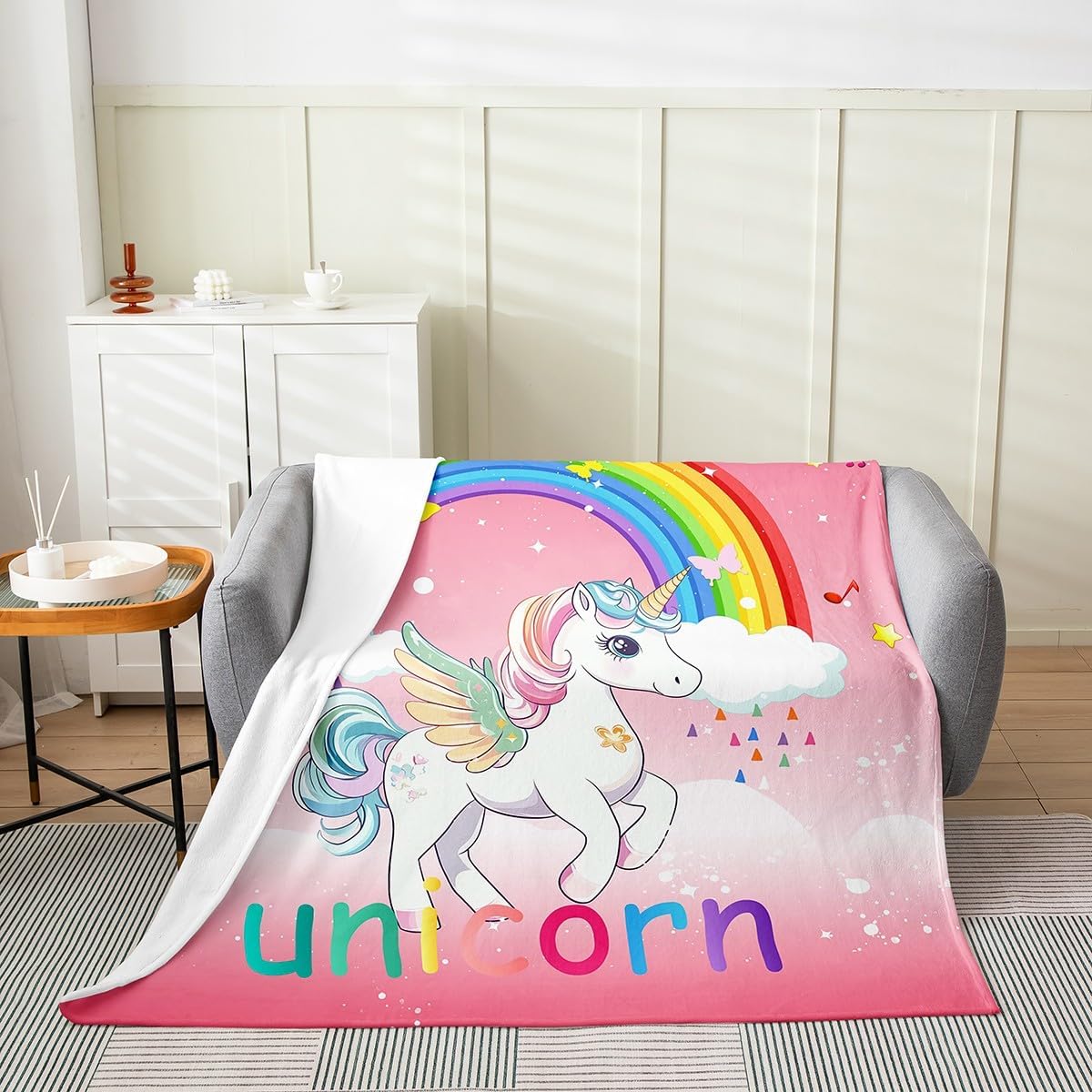 Erosebridal Pink Unicorn Kids Throw Blanket for Girls - Queen Size Kawaii Rainbow Unicorn Flannel Fleece Blanket with Cute White Horse Design, Geometric Stars and Clouds, Ombre Unicorn Bed Blanket
