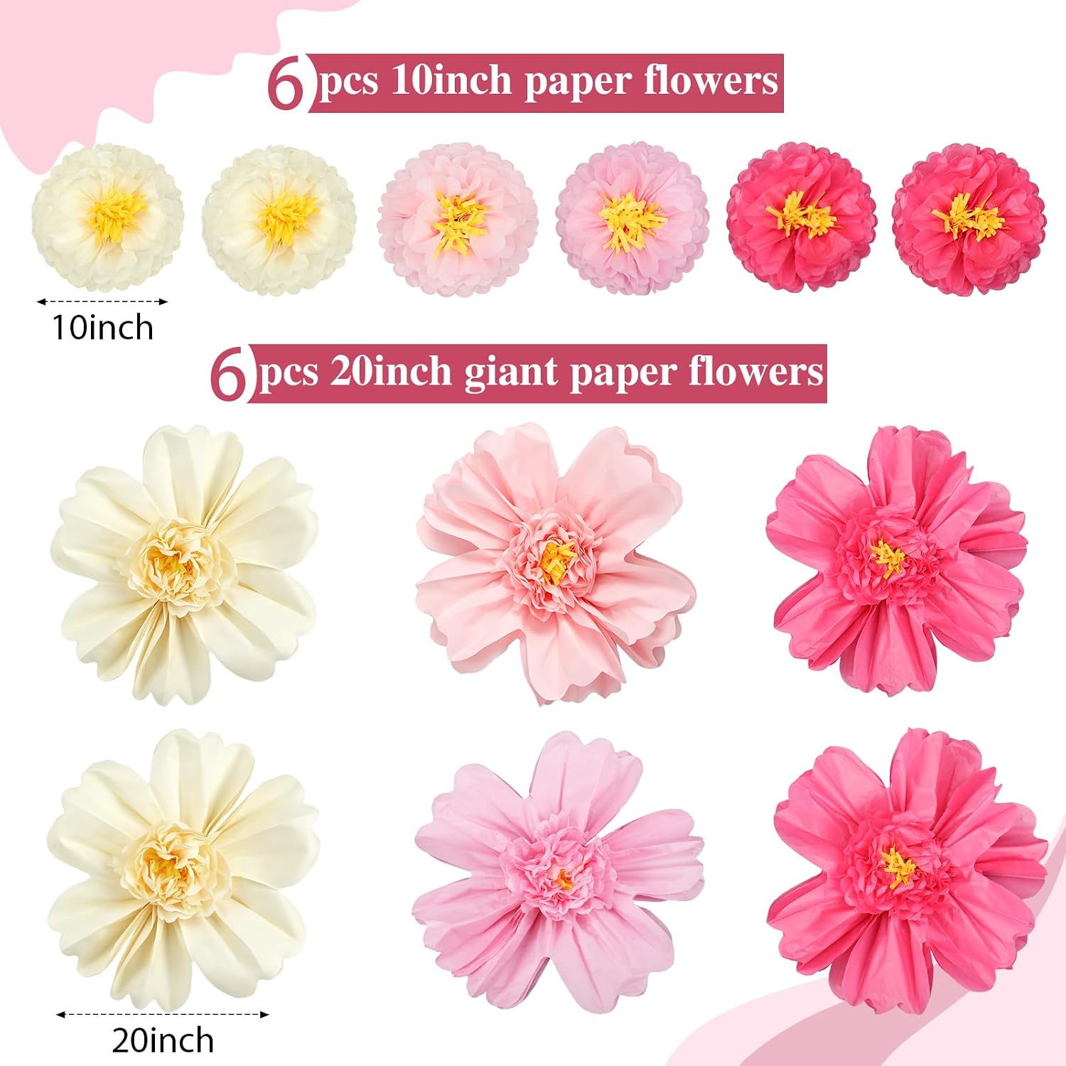 Crowye 12 Pcs Large Colorful Tissue Paper Flowers Decorations Giant Fiesta Craft Crepe Paper Flowers for Wall Decor Backdrop Mexican Wedding Birthday Carnival Party (10'' 20'',Pink Color)