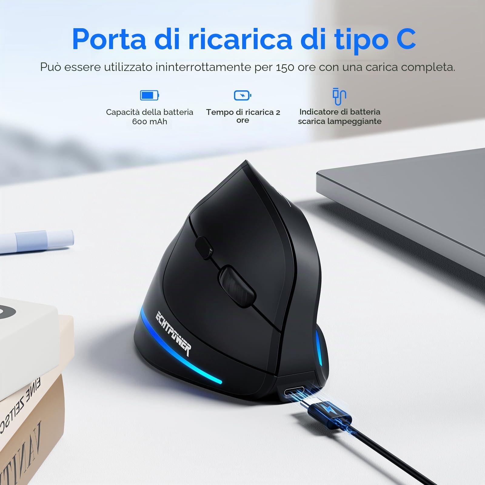 Mouse Verticale Senza Fili 2.4GHz 4800 DPI Ergonomico con LED RGB Type-C