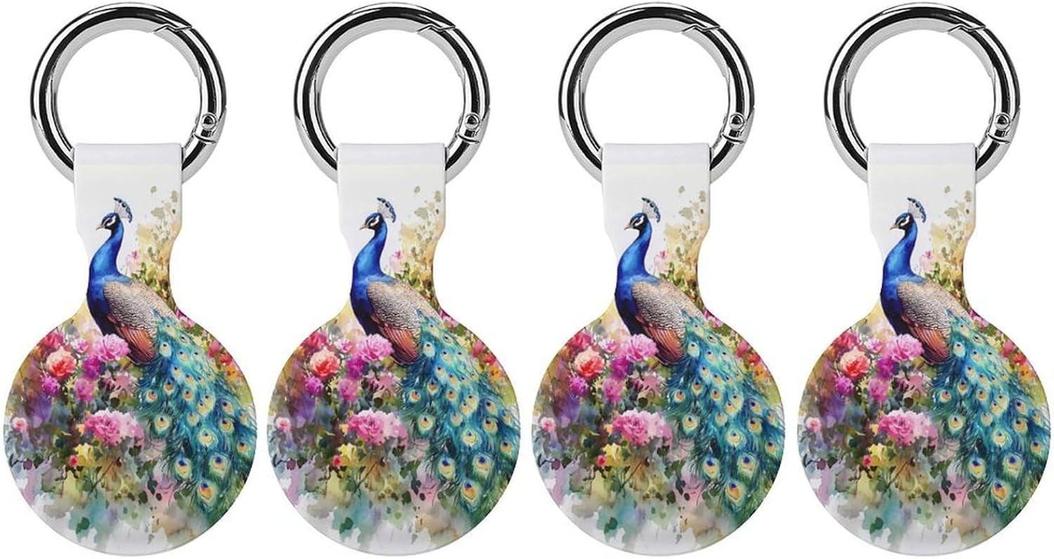 Peacock with Spring Flowers Case Compatible with AirTag Holder Cover with Keychain Ring for Bags Luggages