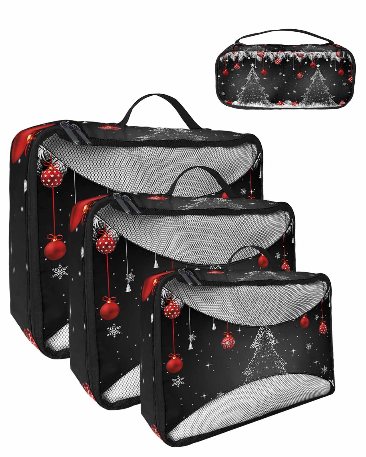 Winter Red Christmas Ornament Fir Leaf 4 Set Packing Cubes, Pine Tree Snowflake Black Packing Cubes for Carry on Suitcase Travel Essential Bag for Clothes Shoes Cosmetics Toiletry