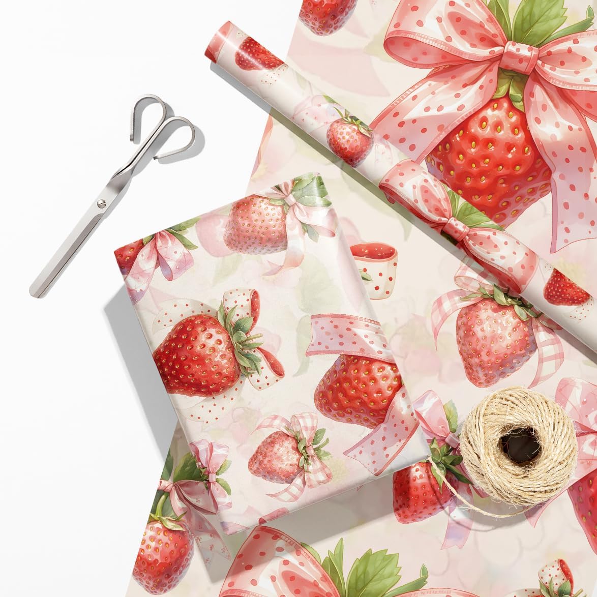 UNTROCHU Strawberry Wrapping Paper Roll for Girls - Pink Strawberries Design Bow Gift Wrap for Birthday,BabyShower - 17 in x 16.5 ft image 2