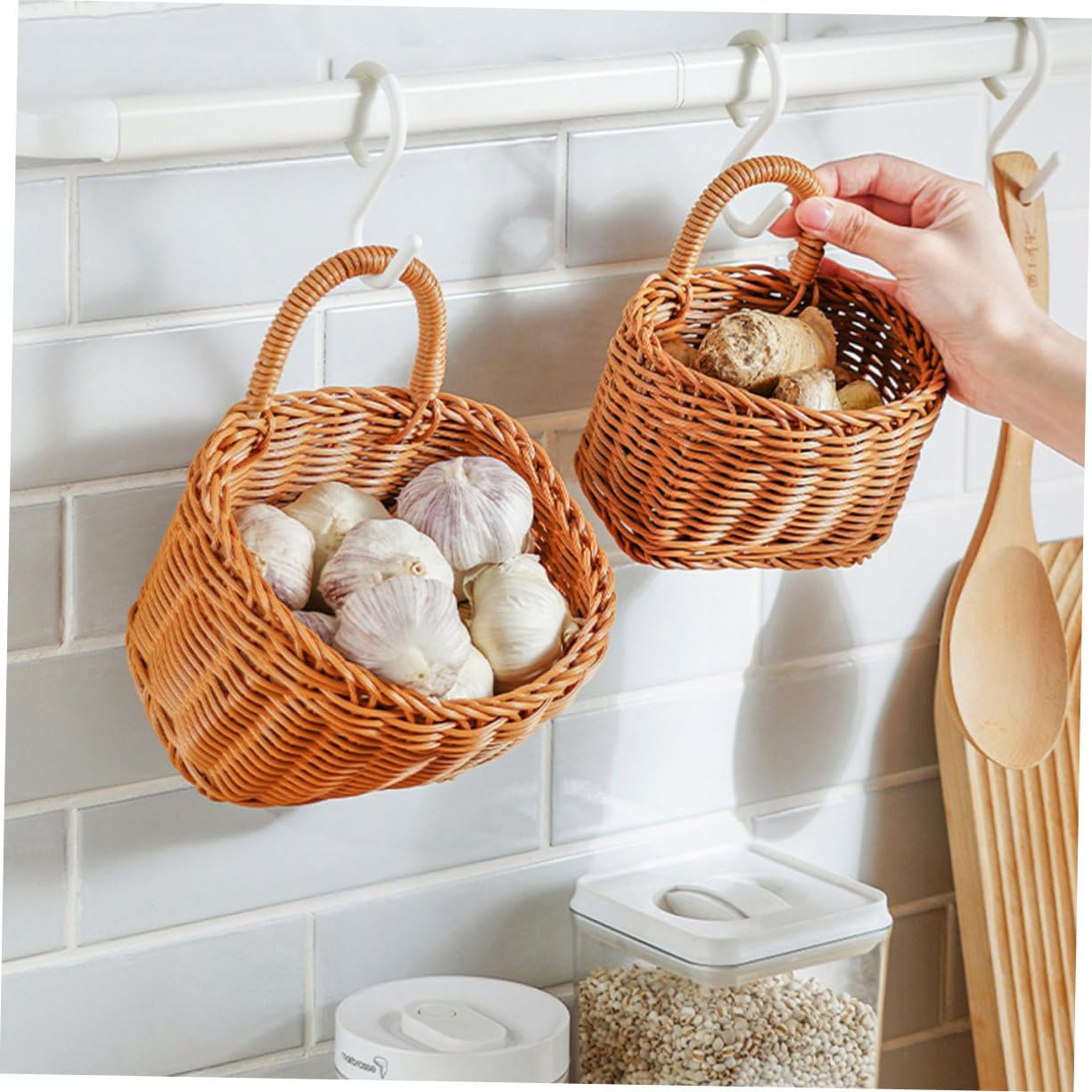 Luxshiny 6pcs Hanging Woven Storage Basket Wall-mounted Ginger Garlic Baskets for Kitchen Organization and Flower Decor Stylish Rattan Design Space-saving