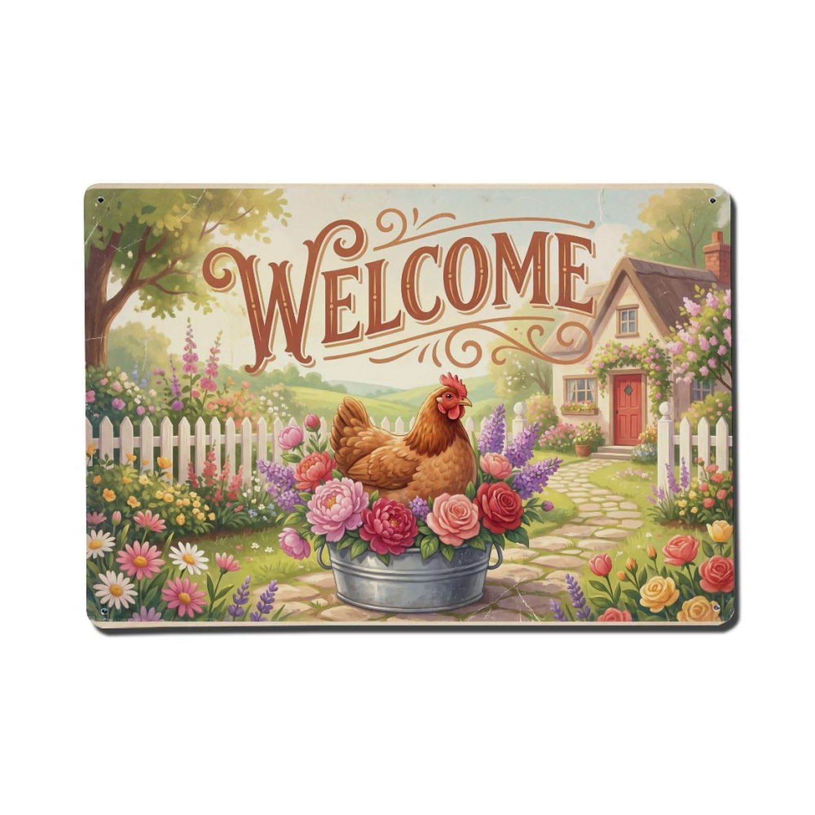 Vintage Welcome Hen Cheerful Greetings Metal Tin Sign