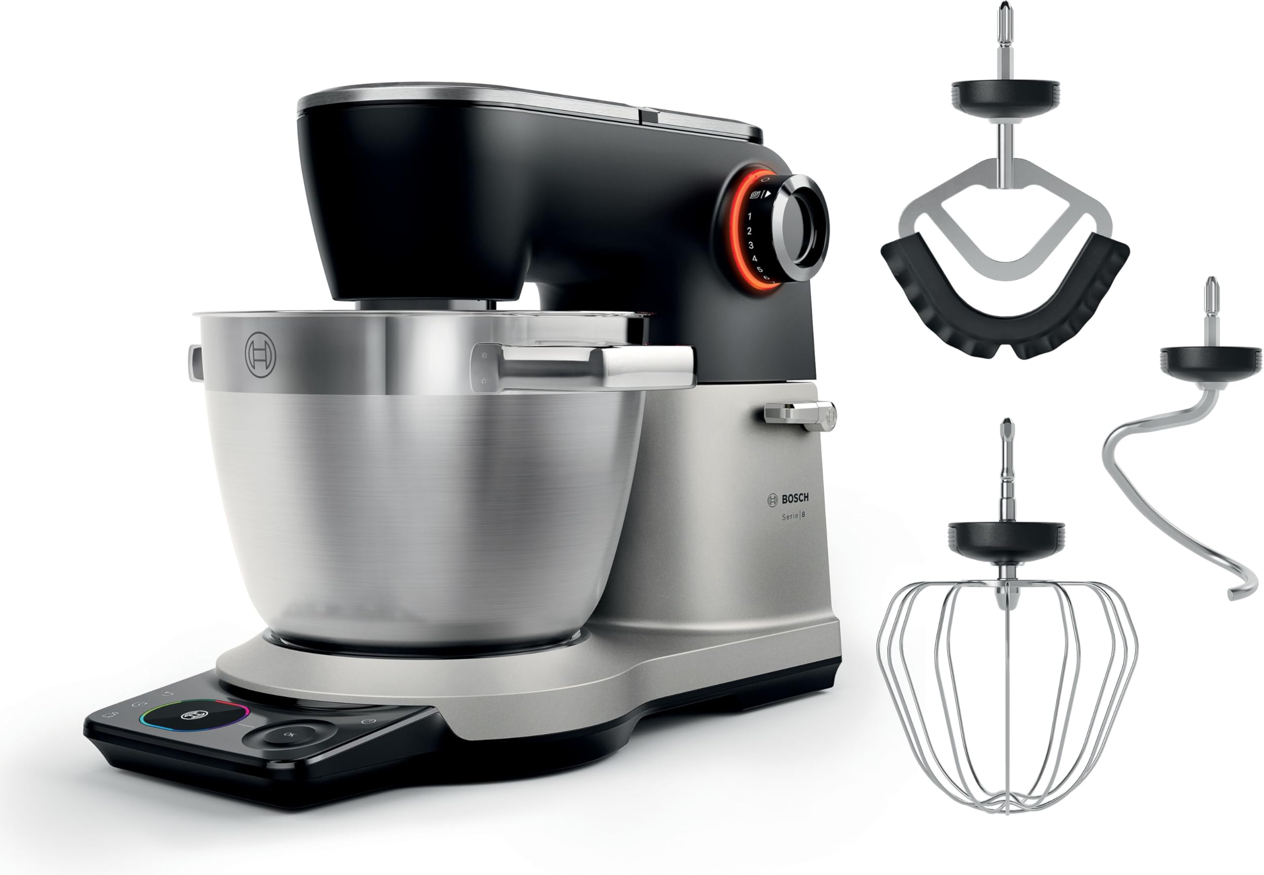 Bosch Robot da cucina serie 8, 9 programmi automatici, bilancia, timer, 7 livelli, ciotola in acciaio inox da 6 l, gancio impastatore, frusta, frusta in silicone, lavabile in lavastoviglie, 1800 W