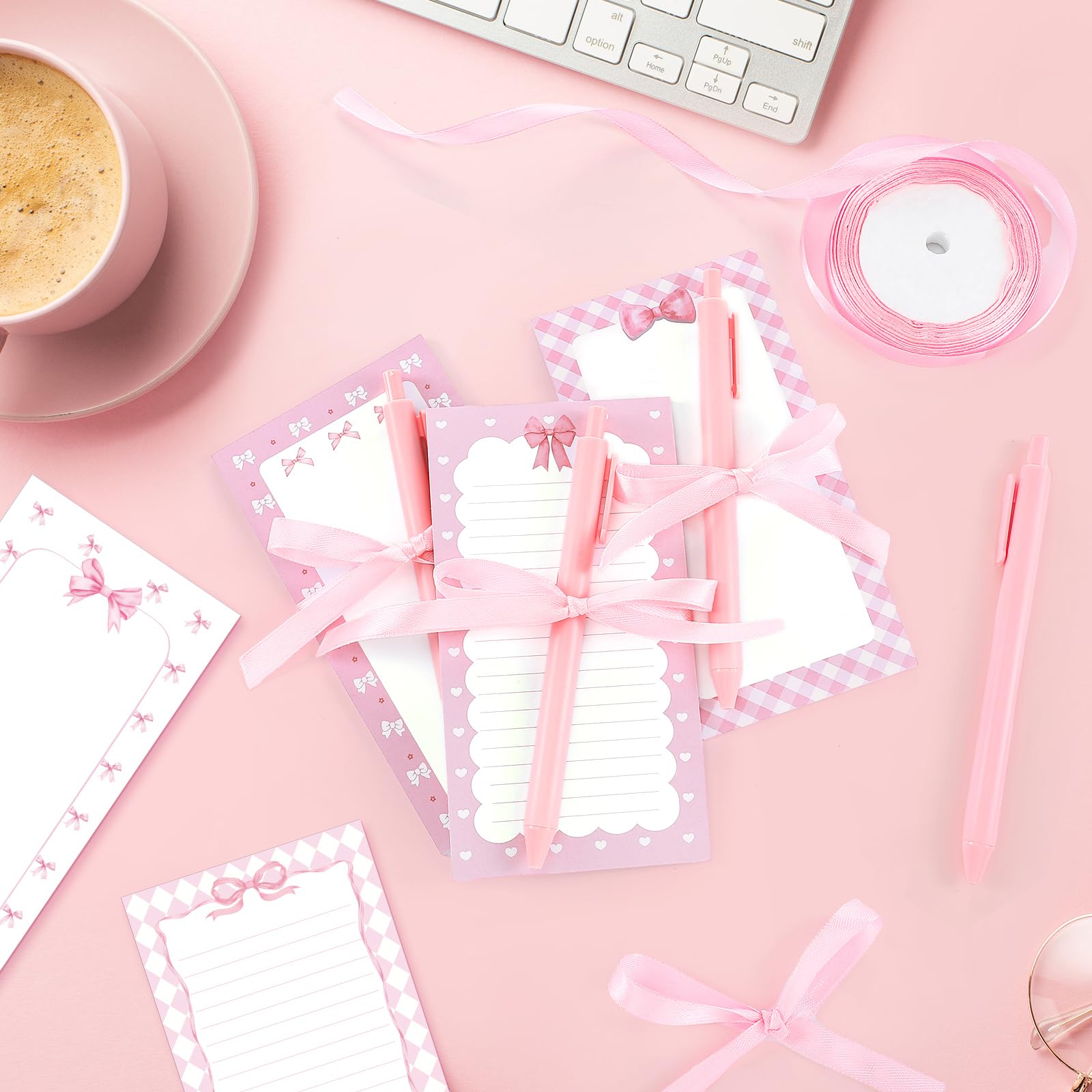 Haftnotizen und Stifte mit rosa Schleife, 48-teiliges Set, rosa Haftnotizen, adrette, ästhetische selbstklebende Notizblöcke, Kugelschreiber für Mädchen, Kokette, Schulbedarf, Schleife, Partygeschenke
