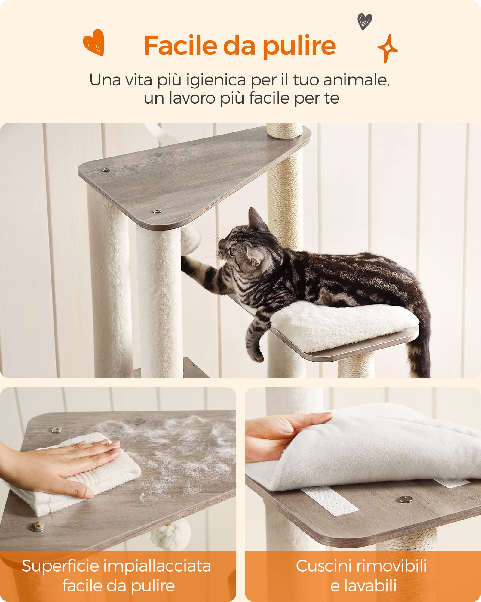 Feandrea Albero per Gatti, 165 cm, Tiragraffi Moderno con 9 Graffiatoi