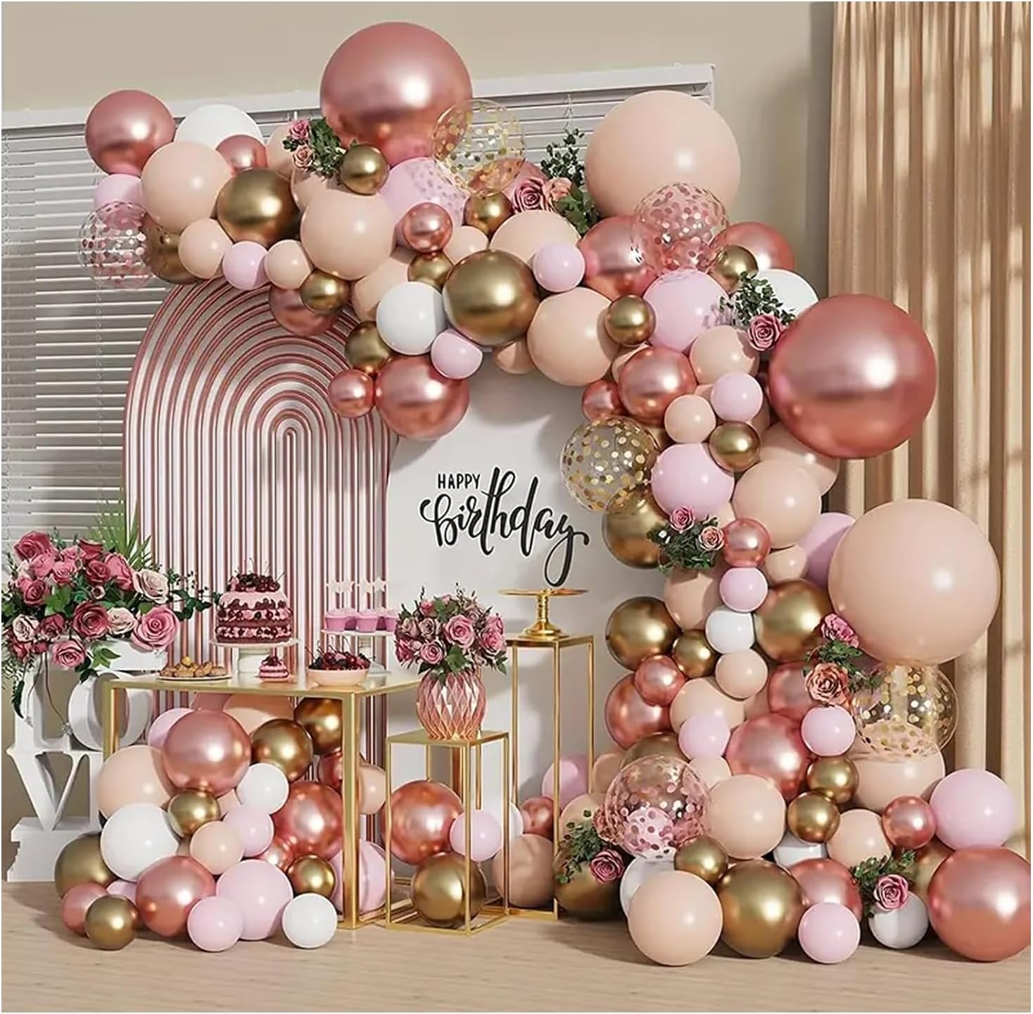 Rose Gold Balloon Garland Kit, Nude Pastel Pink Metallic Gold Matte White Balloons Gold and Rose Gold Confetti Balloons for Valentines Day Wedding Bridal Shower Party Girl Birthday Decorations