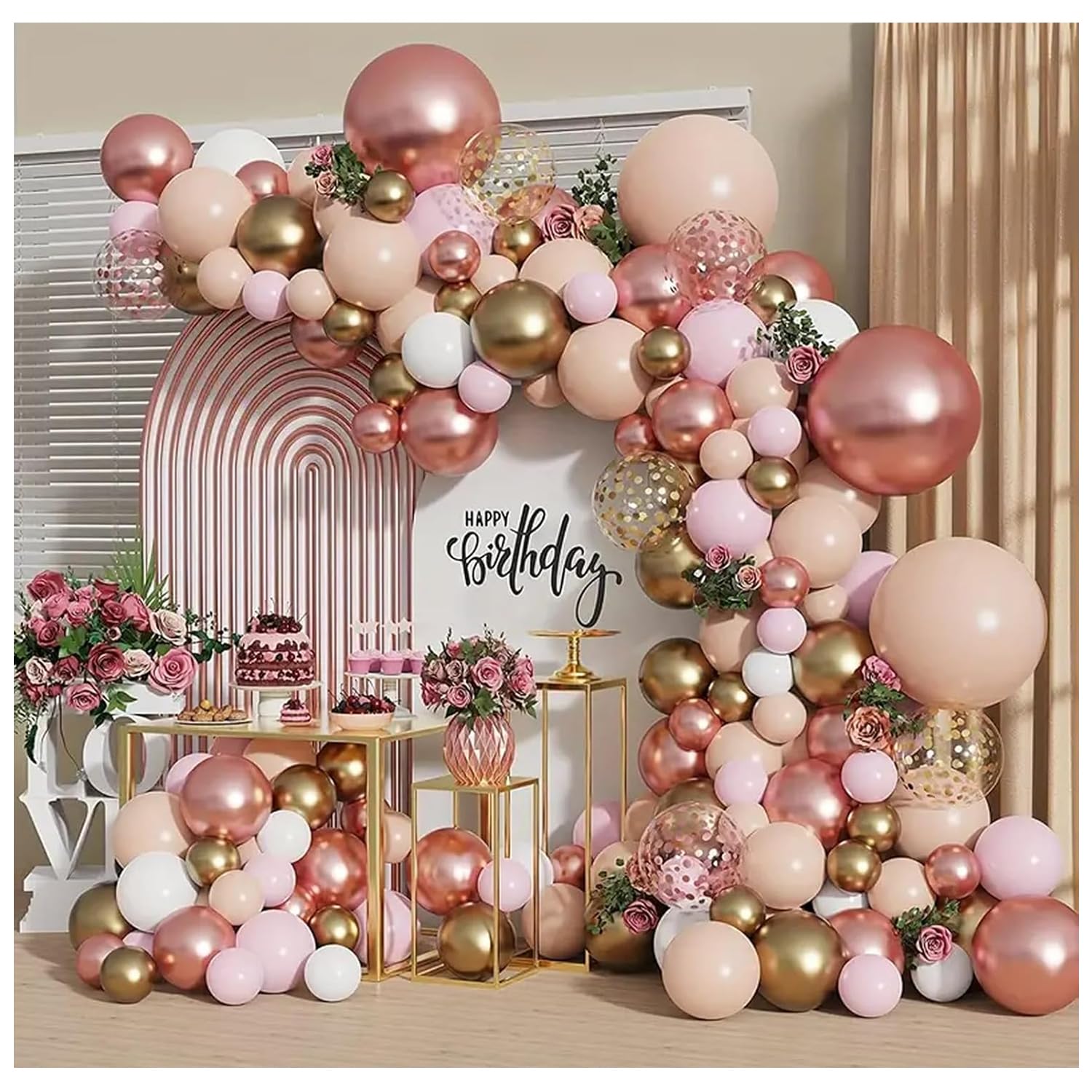 Rose Gold Balloon Garland Kit, Nude Pastel Pink Metallic Gold Matte White Balloons Gold and Rose Gold Confetti Balloons for Wedding Bridal Shower Princess Party Girl Birthday Decorations