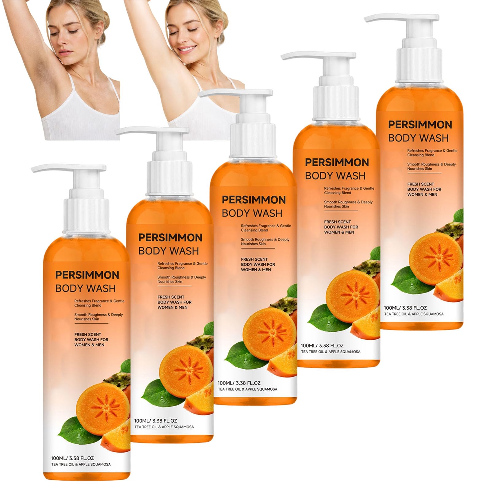 Gel de ducha desodorante con caqui, gel de ducha exfoliante natural, gel de ducha suave de limpieza, gel de ducha hidratante y duradero, gel de ducha regenerador y purificador Kaki (5 unidades)