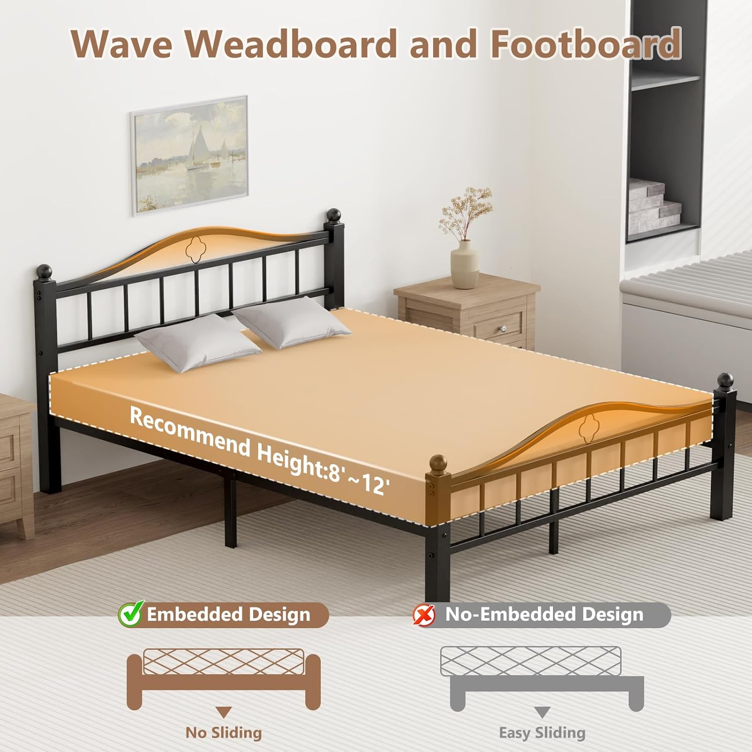 Metal Queen Bed Frames with Headboard, 1500lb No Squeak Metal Platform with Headboard, 12" Underbed Storage, Tool-Free 30-Min Assembly No Box Spring Needed for Dorms/Apartments