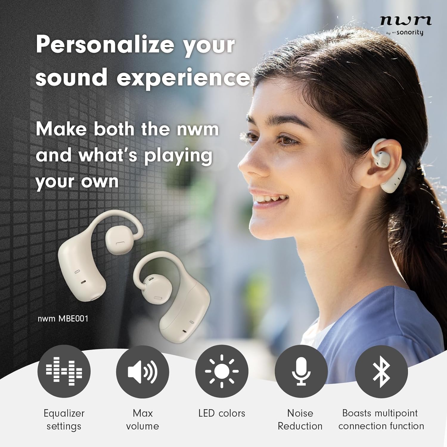 nwm MBE001 Wireless On-Ear Speakers (Open Ear Earphones) Prevent Sound Leakage with PSZ Technology (Bone Conduction Alternative) Including Microphone Dark Brown Designed by NTT Sonority in Japan - Image 3