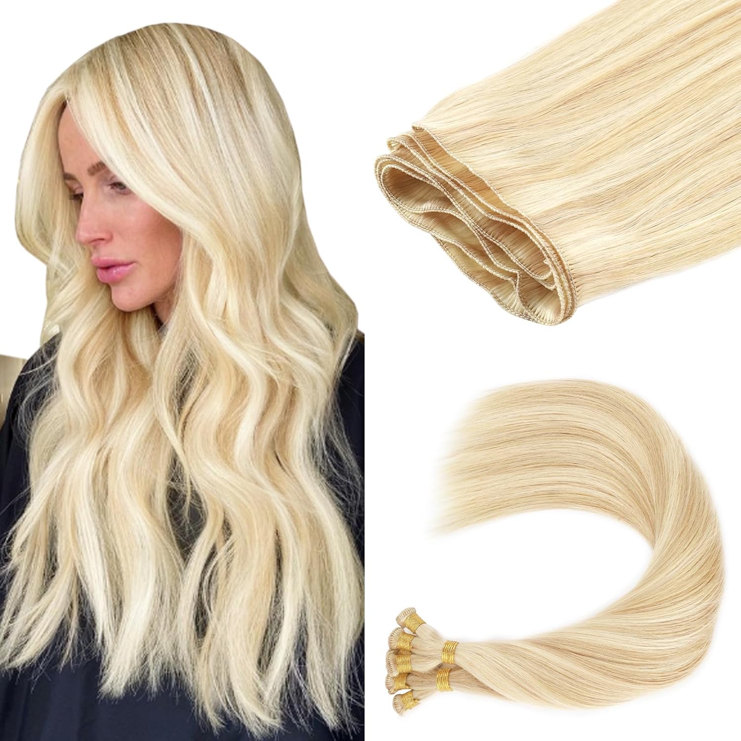 ABH AMAZINGBEAUTY HAIR Sew in Hand Tied Weft Hair Extensions Highlights Platinum Double Wefts Remy Human Hair 50 Gram Dirty Blonde With Beach Blonde Highlights Human Weft Color P18-613, 18 Inch