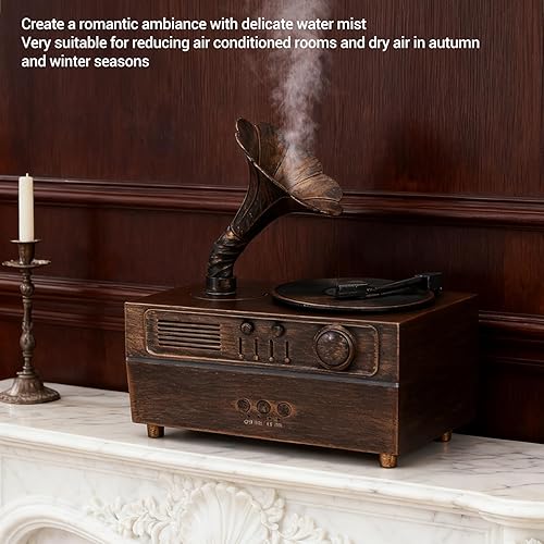 Miniatura 6 de Zunate Humidificador de aromaterapia retro, estilo gramófono, difusor de aceite vintage, máquina de niebla fría para relajación del hogar y