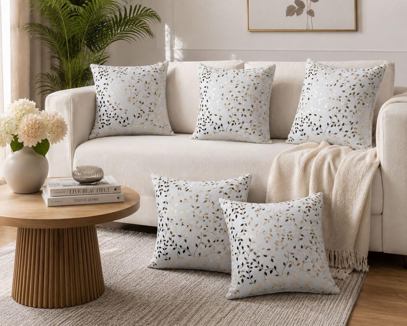 MONKDECOR White Decorative Pillow Cushion Cover with Metallic Gold Leaf Vine Design | Velvet Throw Pillow Cover for Sofa, Living Room, Bedroom & Home Decoration | 12x12 Inch | Pack of 5 Pcs-picture-11