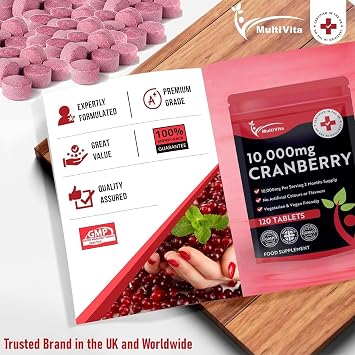 Cranberry Tablets 10,000mg 120 Vegan Tablets 2 Months Supply - High Strength Supplement for Women and Men Cranberry Extract for Urinary Tract Bladder and Kidney Support (not Capsules) UK Made GMO Free