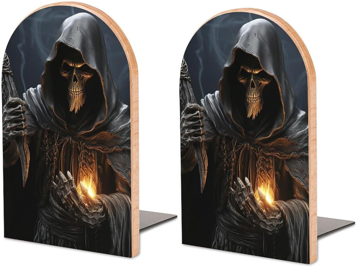 Grim Reaper Book Ends Wooden Bookends Non-Skid Metal Base Heavy Duty Book Shelves Decor, Decorative Bookends for Books/CDs Bookshelf Table Home Decor