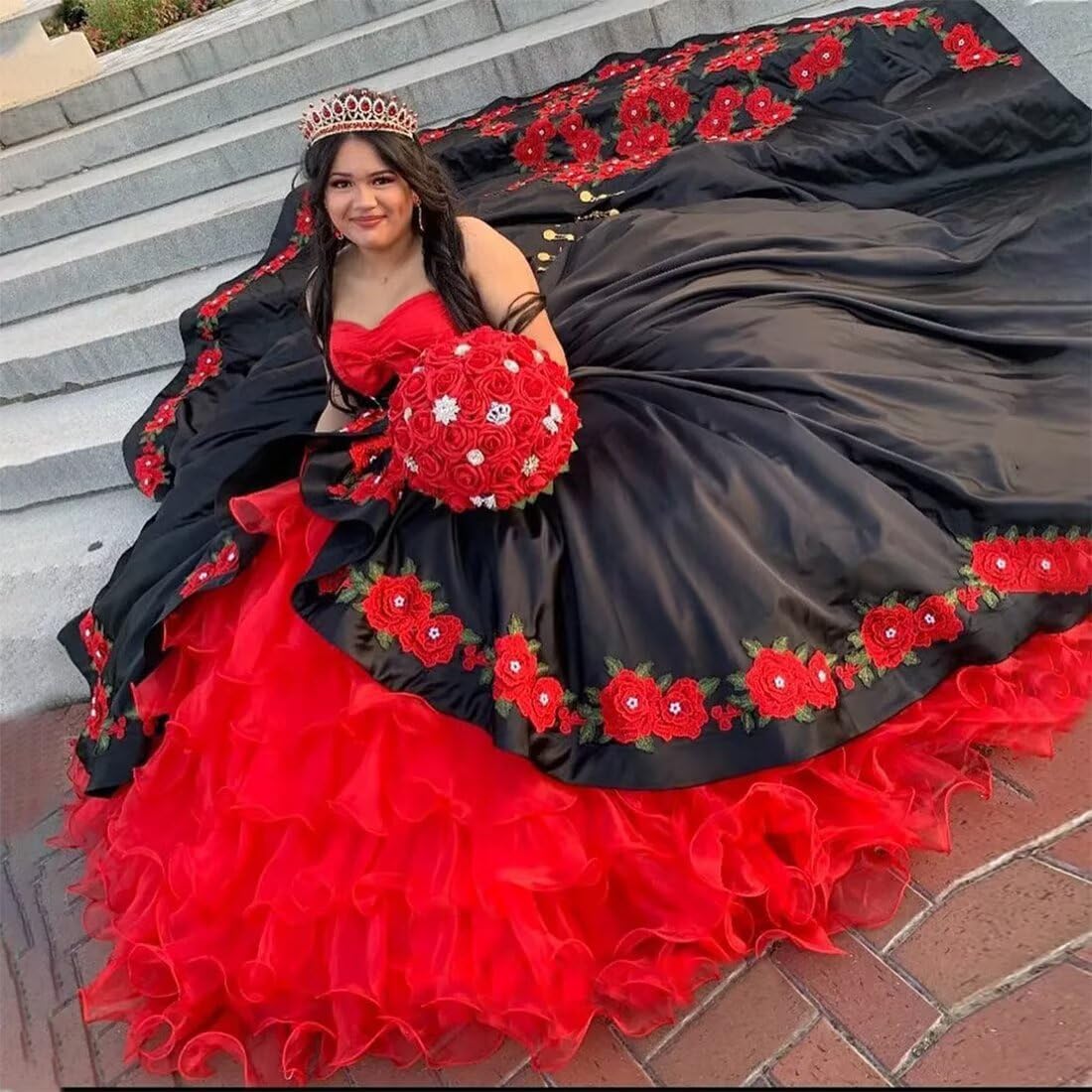 WDBFY Mexican Embroidery Flowers Quinceanera Dresses Tiered Organza Long Ball Gowns Puffy Sweet 16 Prom Party Dresses