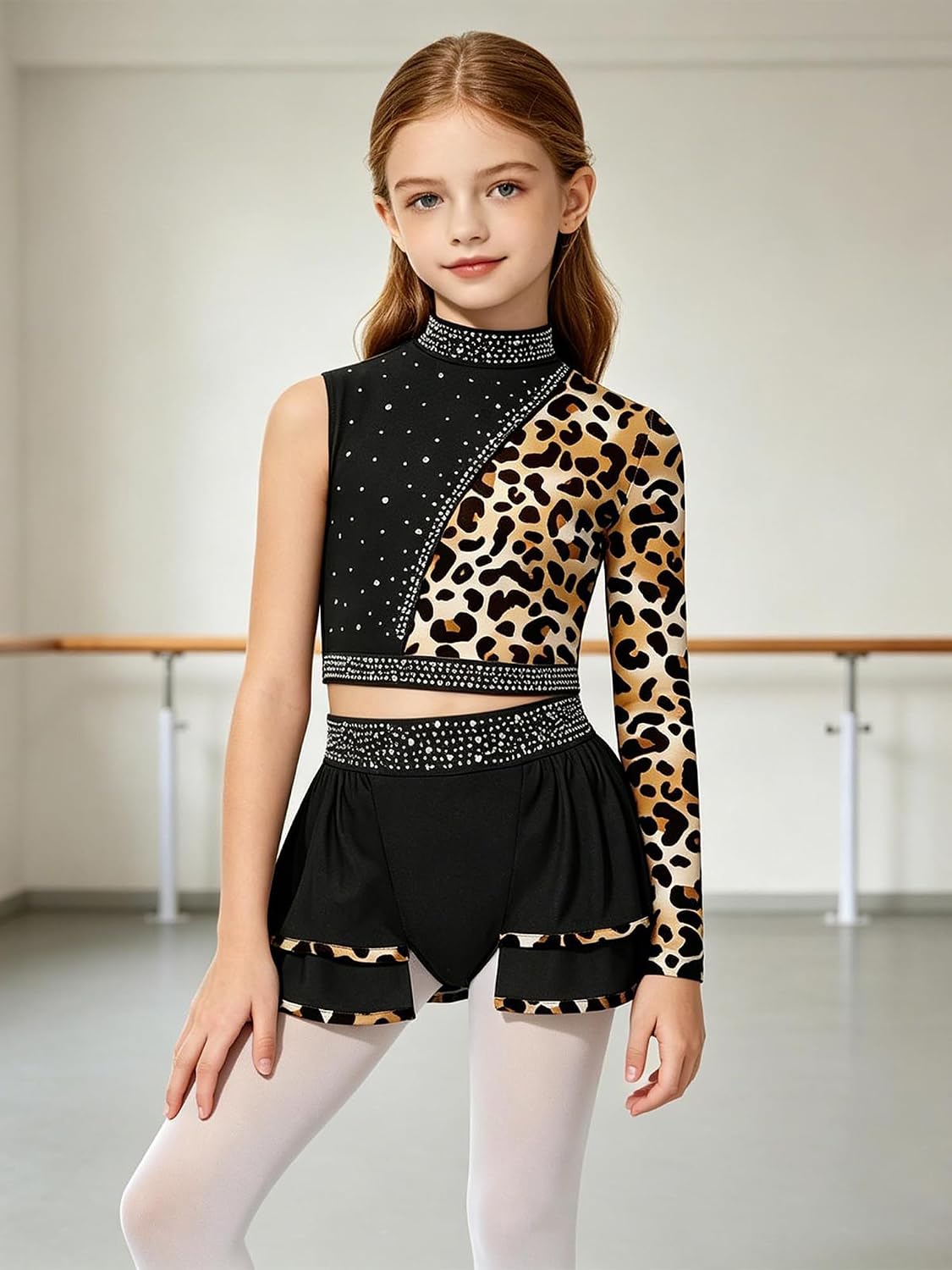 JEYPINMI Girls 2 Piece Jazz Dance Skirts Sets Shiny Sequins Outfit Long Sleeve Crop Top Skirted Shorts Set Brown 16 Years