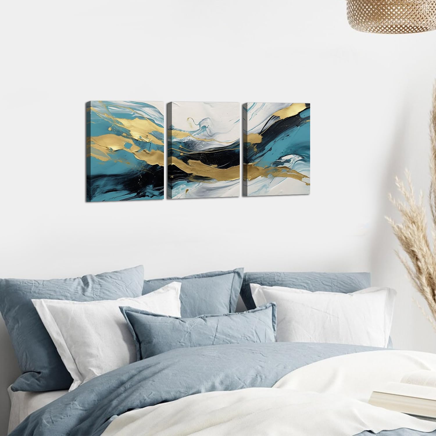 Abstract Teal Canvas Wall Art Bedroom Decor Set of 3 Abstract Gold Line Ink Prints Picture Bathroom Artwork 12x16", Abstract Turquoise Glitter Splash Modern Framed Painting for Living Room Decoration