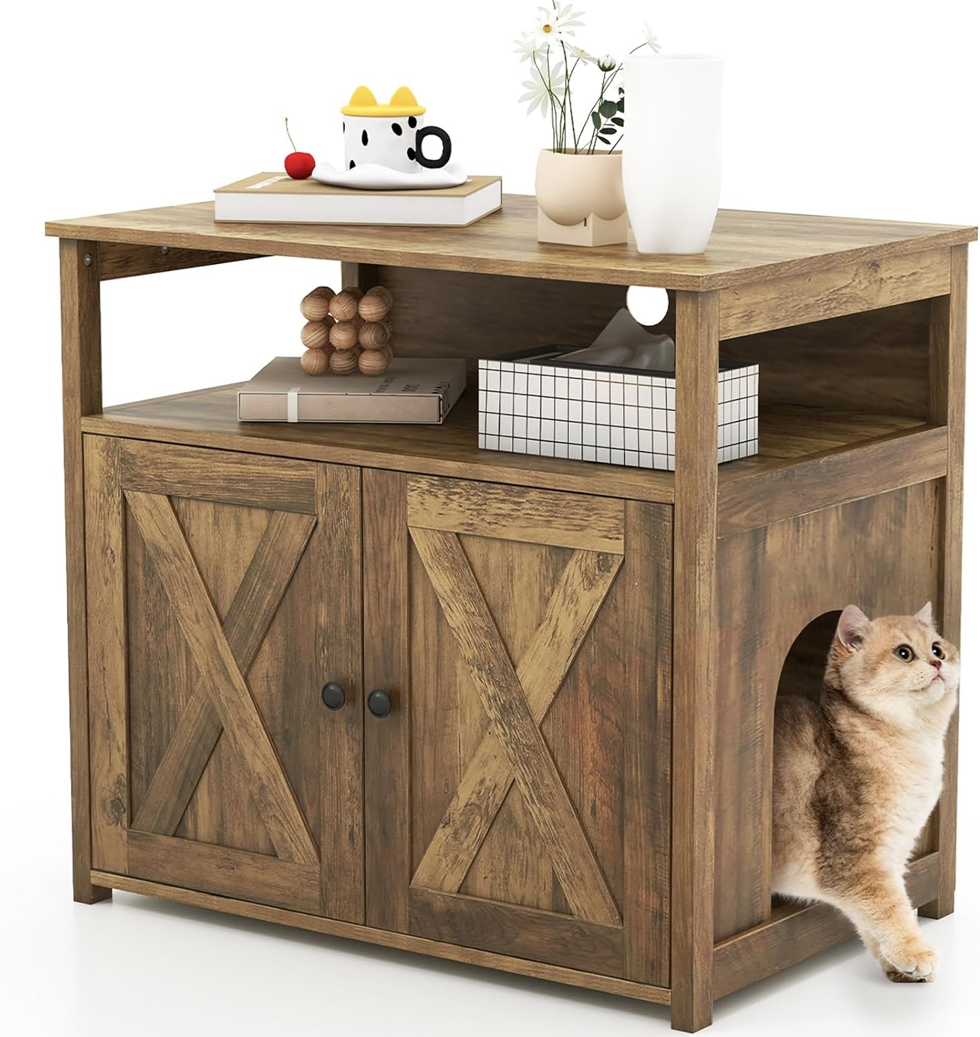 Giantex Cat Litter Box Enclosure - Litter Box Hidden Furniture with Barn Door, Inner Divider, Side Entry, Storage Shelf, Farmhouse Wooden Cat Washroom Pet House, Fit Most of Litter Box, Brown