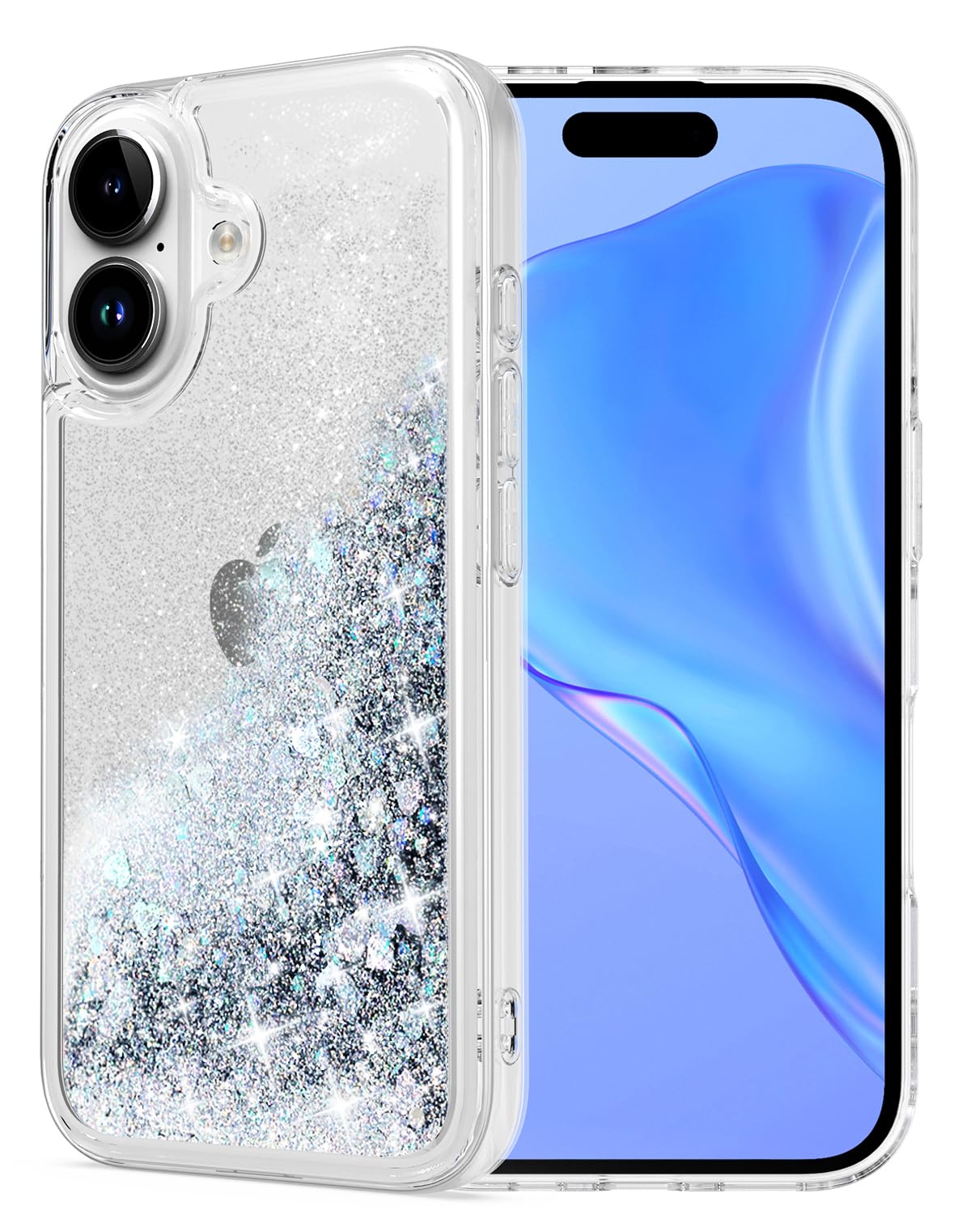 WORLDMOM for iPhone 16 Case, Clear Design Bling Flowing Liquid Floating Sparkle Colorful Glitter Waterfall TPU Protective Phone Case, Silver