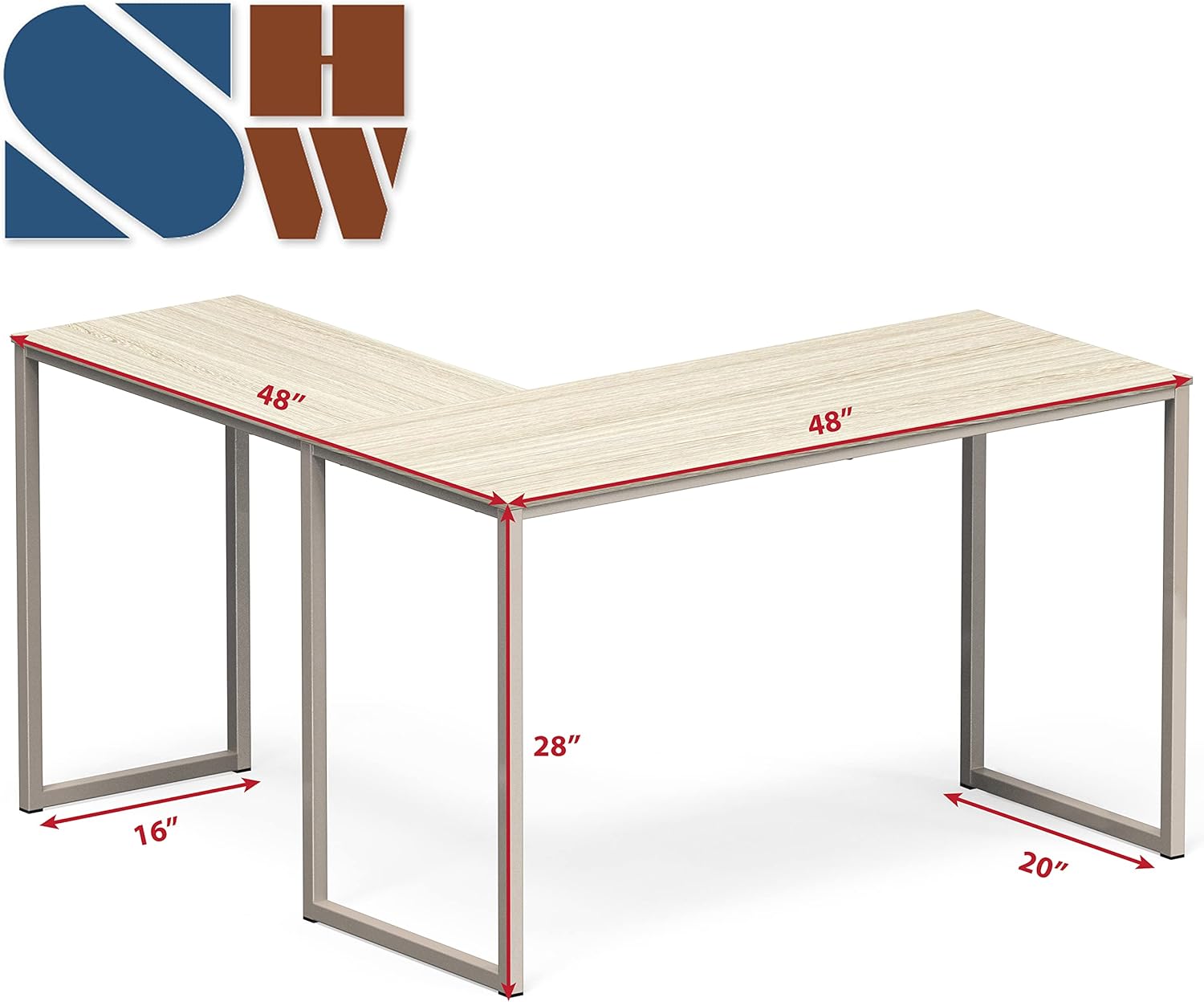 Dimensions of the SHW Mission L-Shape Desk: 48 inches by 48 inches, 28 inches high, with depths of 16 and 20 inches.