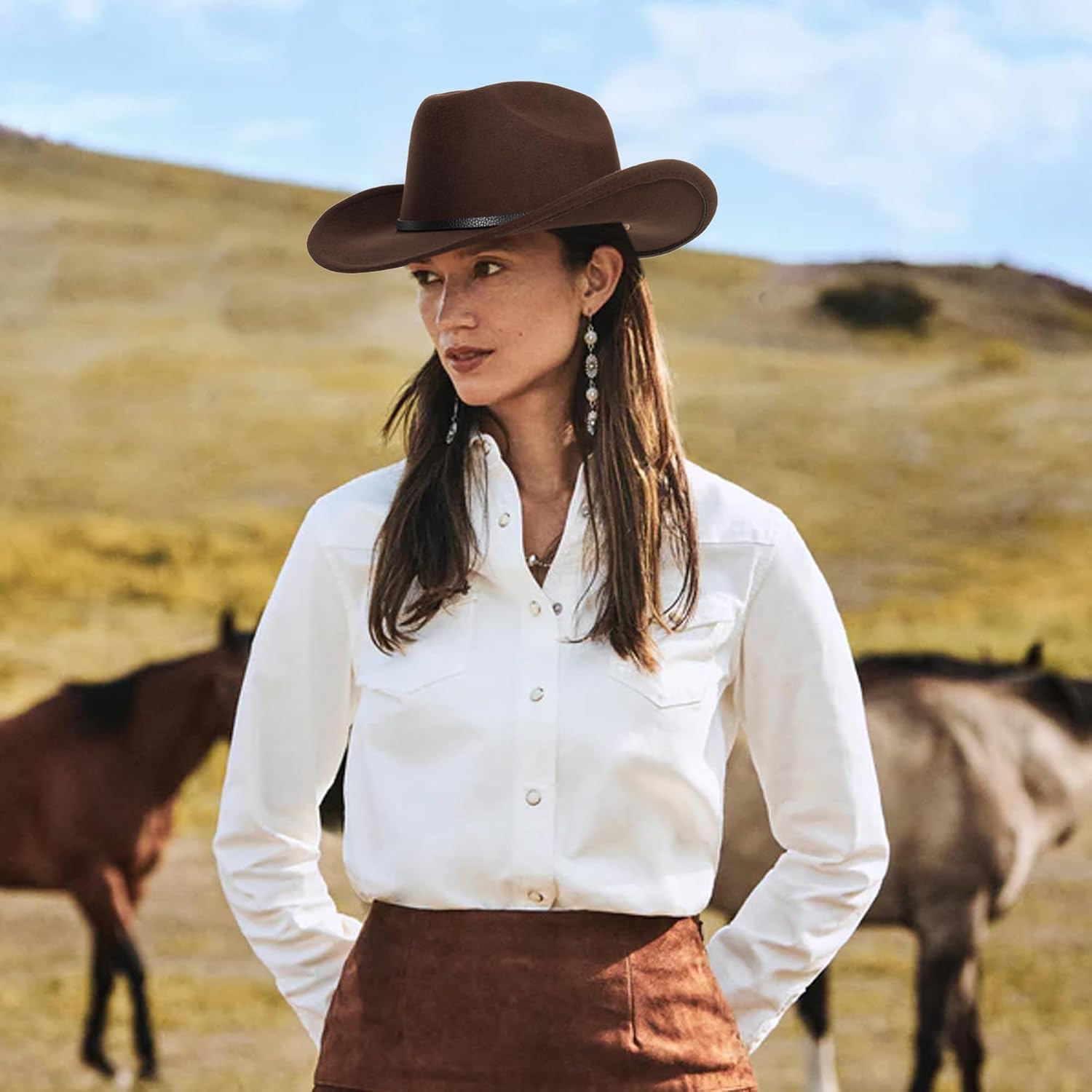 Women-Classic-Western-Cowboy-Shapeable-Hat - Men-Roll-Up-Wide-Brim-Felt-Fedora-Hats-Cowgirl-Hat with Belt Buckle(M-L)