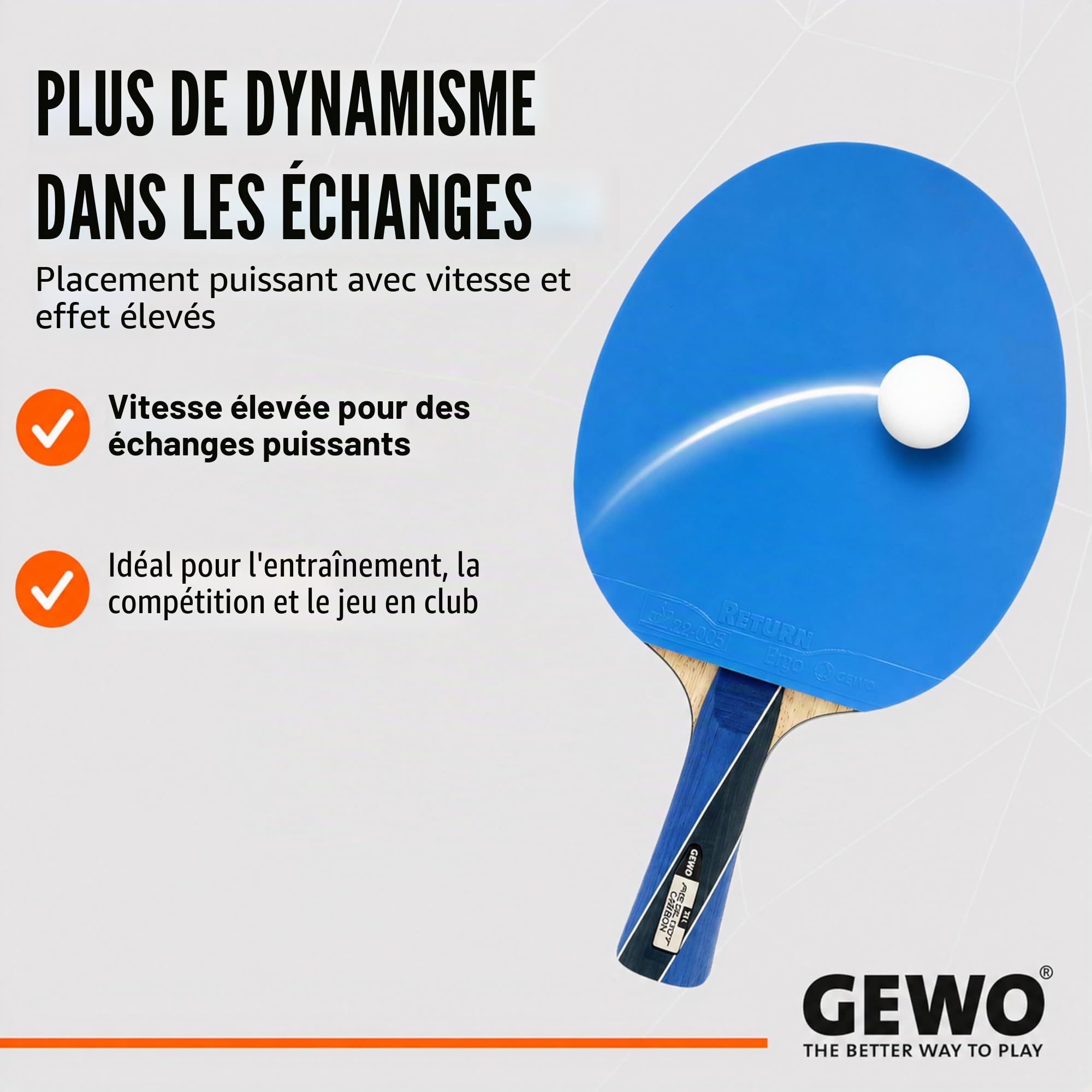 GEWO PS Blast Carbon Raquette de tennis de table professionnelle approuvée ITTF, raquette en carbone avec revêtement rapide GEWO Return Pro et propriétés de rotation élevées, concave, éponge de 1,8 mm