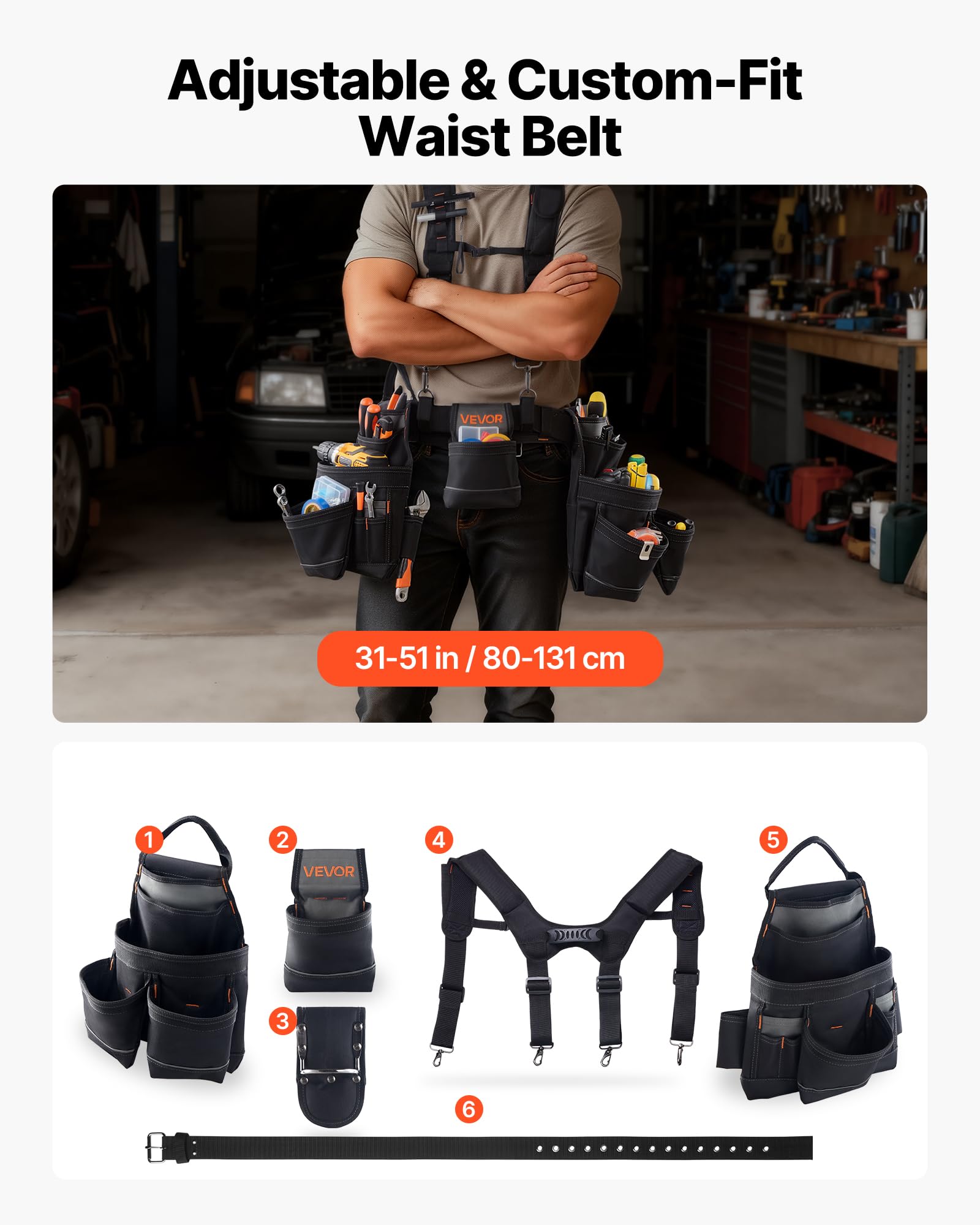 VEVOR Cintura Porta Attrezzi da Lavoro con 19 Tasche e Bretelle, Cintura Portautensili Regolabile da 80-131 cm, Supporto di Sospensione Staccabile per Elettricisti, Carpentieri, Edilizia