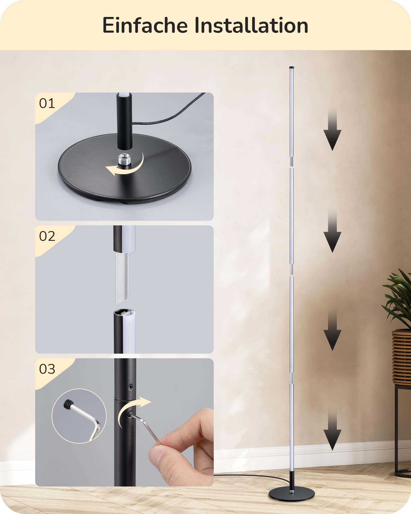 EDISHINE Stehlampe Wohnzimmer, LED Stehleuchte mit 3 Farbtemperaturen & stufenlos dimmbar, höhenverstellbar 152 cm, moderne Ecklampe für Schlafzimmer, Büro, Schwarz