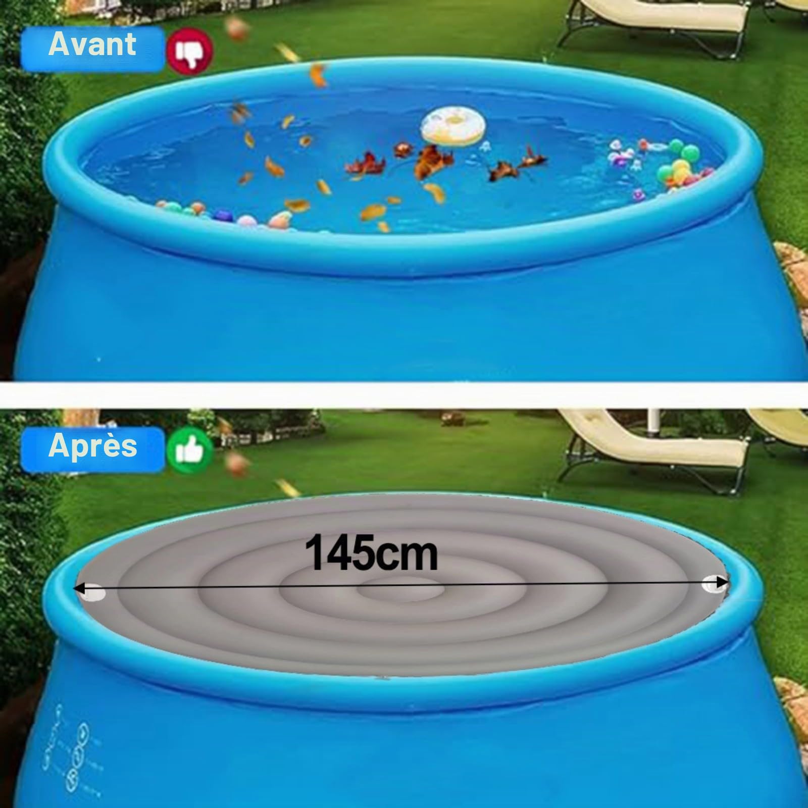 Couverture de Piscine Gonflable Ronde, Couvercle en PVC Résistant aux UV pour Spas de 145 cm & 165 cm, Isolation Écoénergétique, Gris (145 cm sans h)